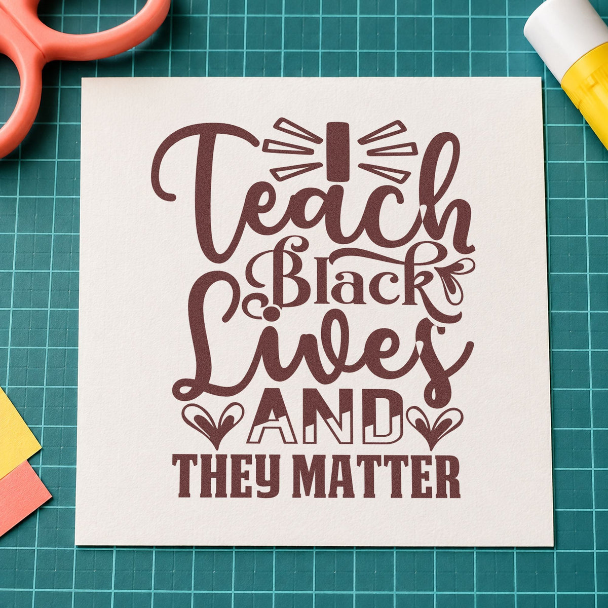 Teach Black Lives Matter rubber stamp printed in brown ink, ready for library shelf labels and similar paper crafts.