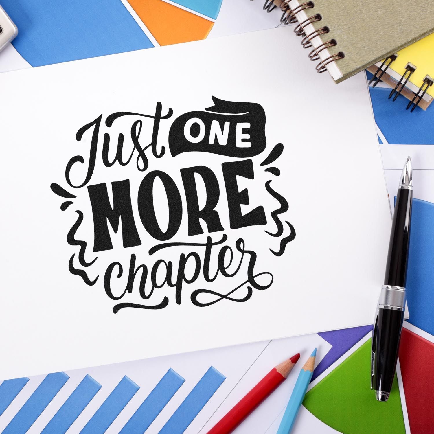 Just One More Chapter rubber stamp design on stationery, perfect for book lovers, teachers, and reading-themed crafts.