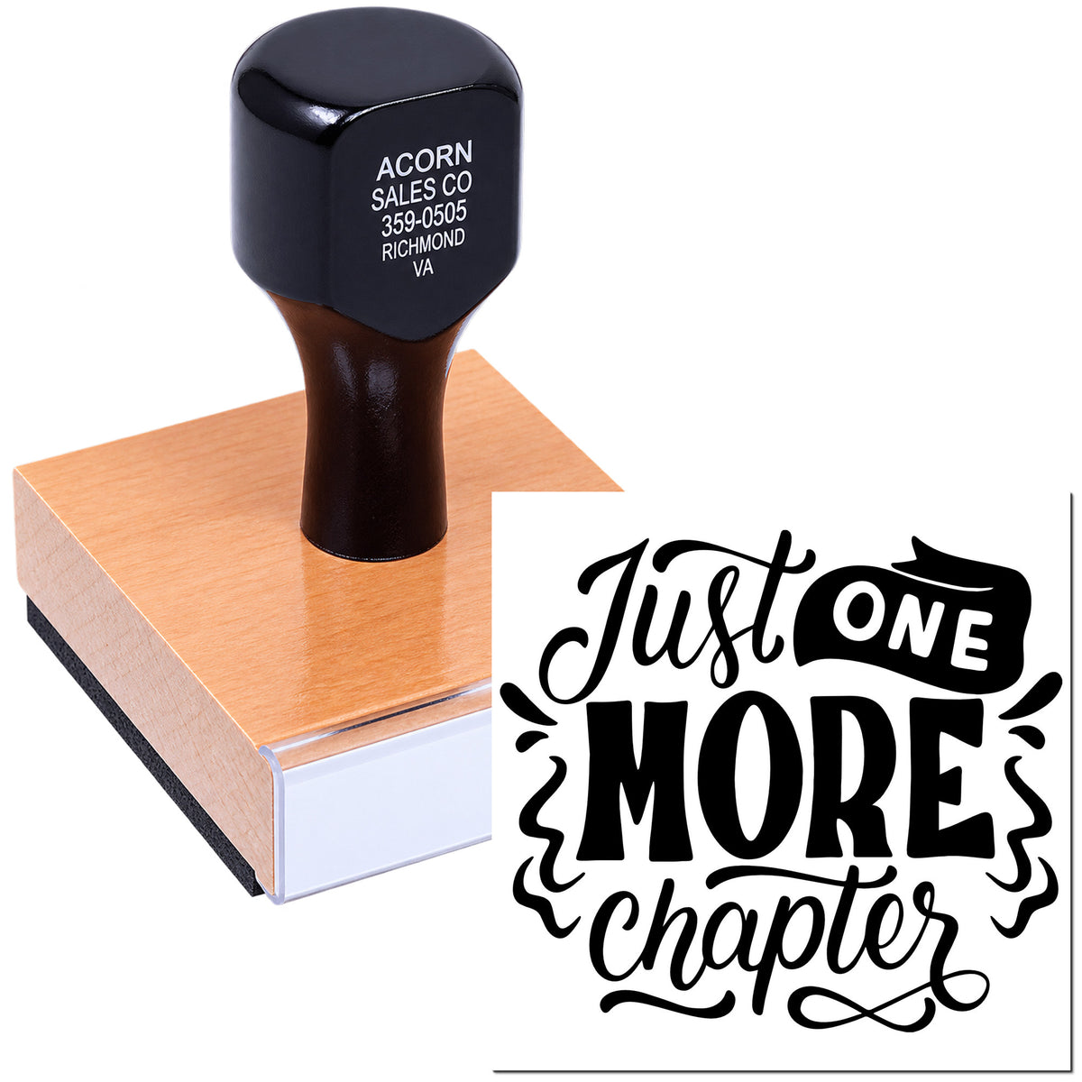 Custom rubber stamp featuring Just One More Chapter design for book lover gifts, libraries, and reading-themed branding.