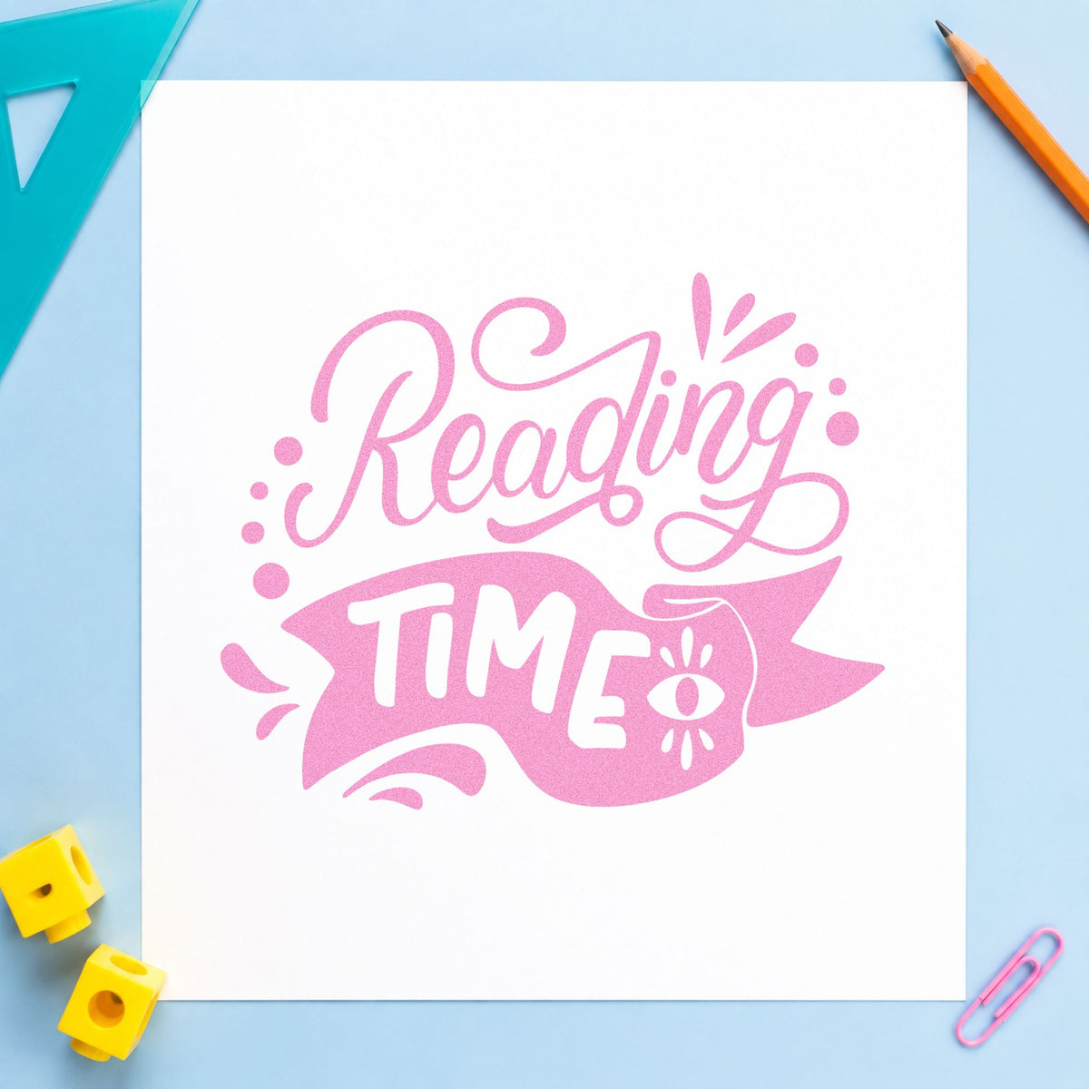 Reading Time Banner craft stamp in purple ink on cardstock, an easy option for timer set tags.