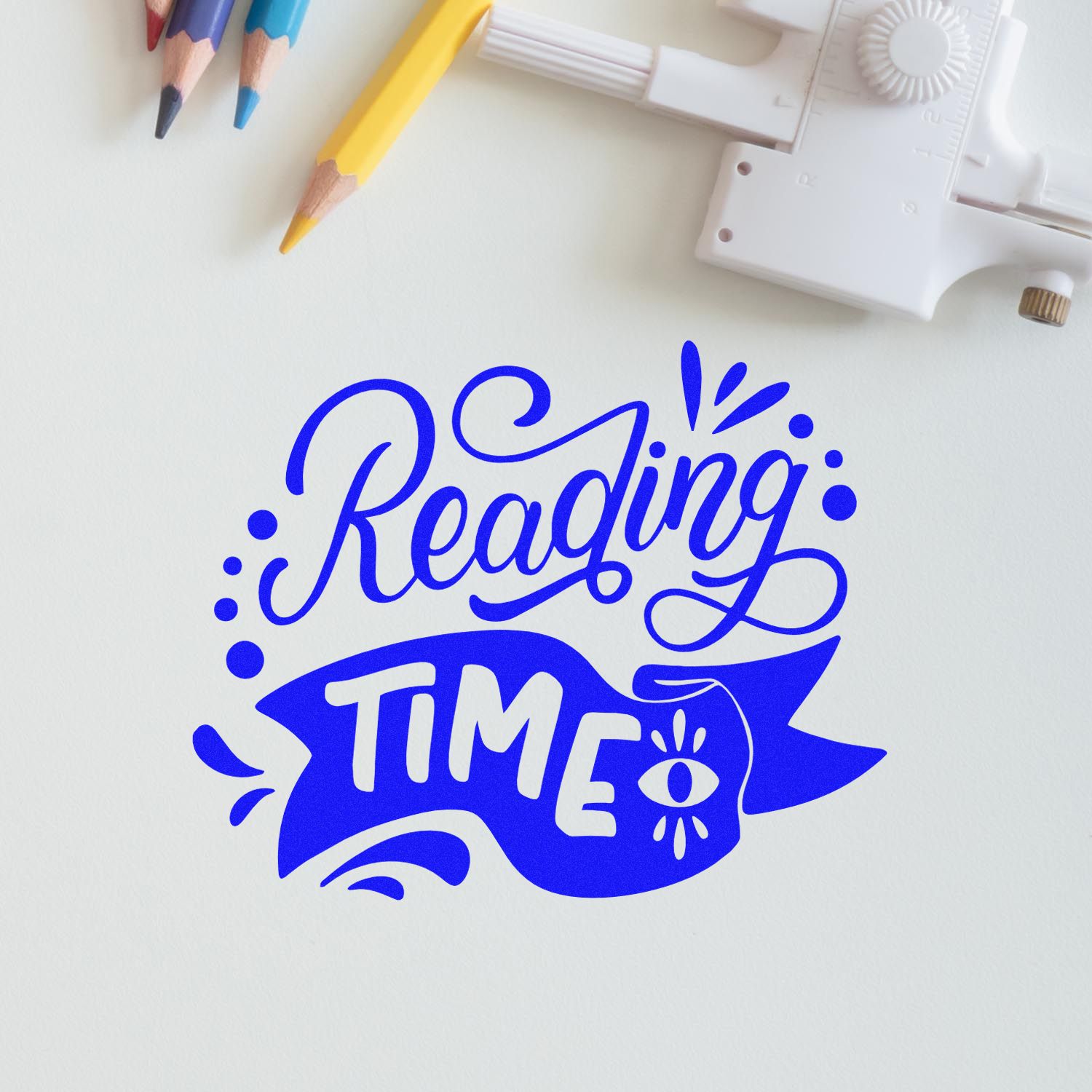 Reading Time rubber stamp design in blue ink, ideal for teachers, libraries, and reading-themed crafts.