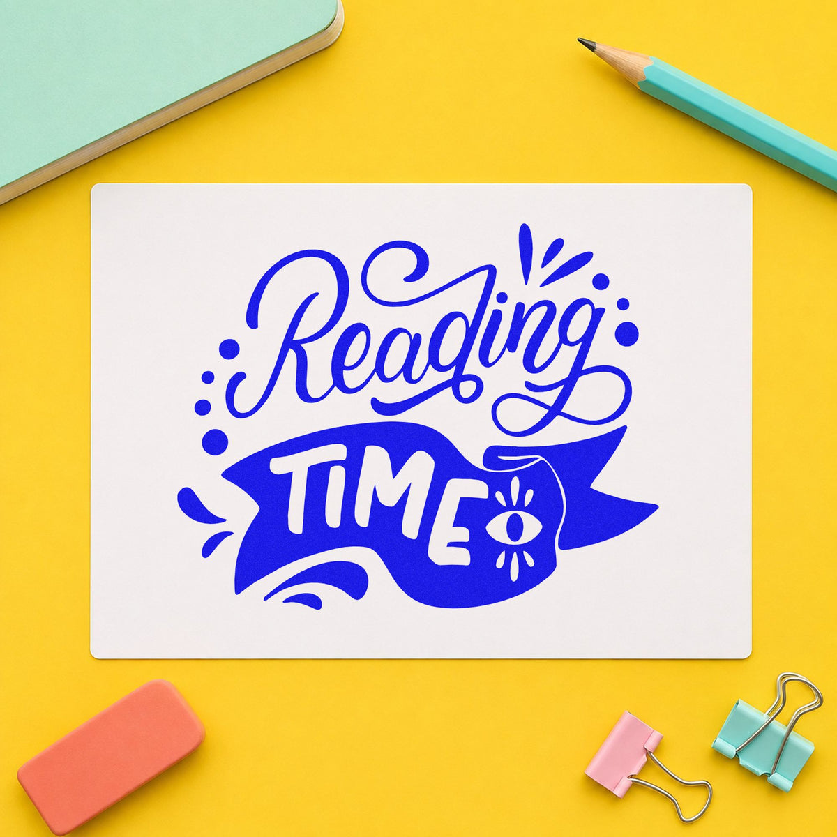 Reading Time Banner craft stamp in blue ink on cardstock, an easy option for bookmark ribbon panels.