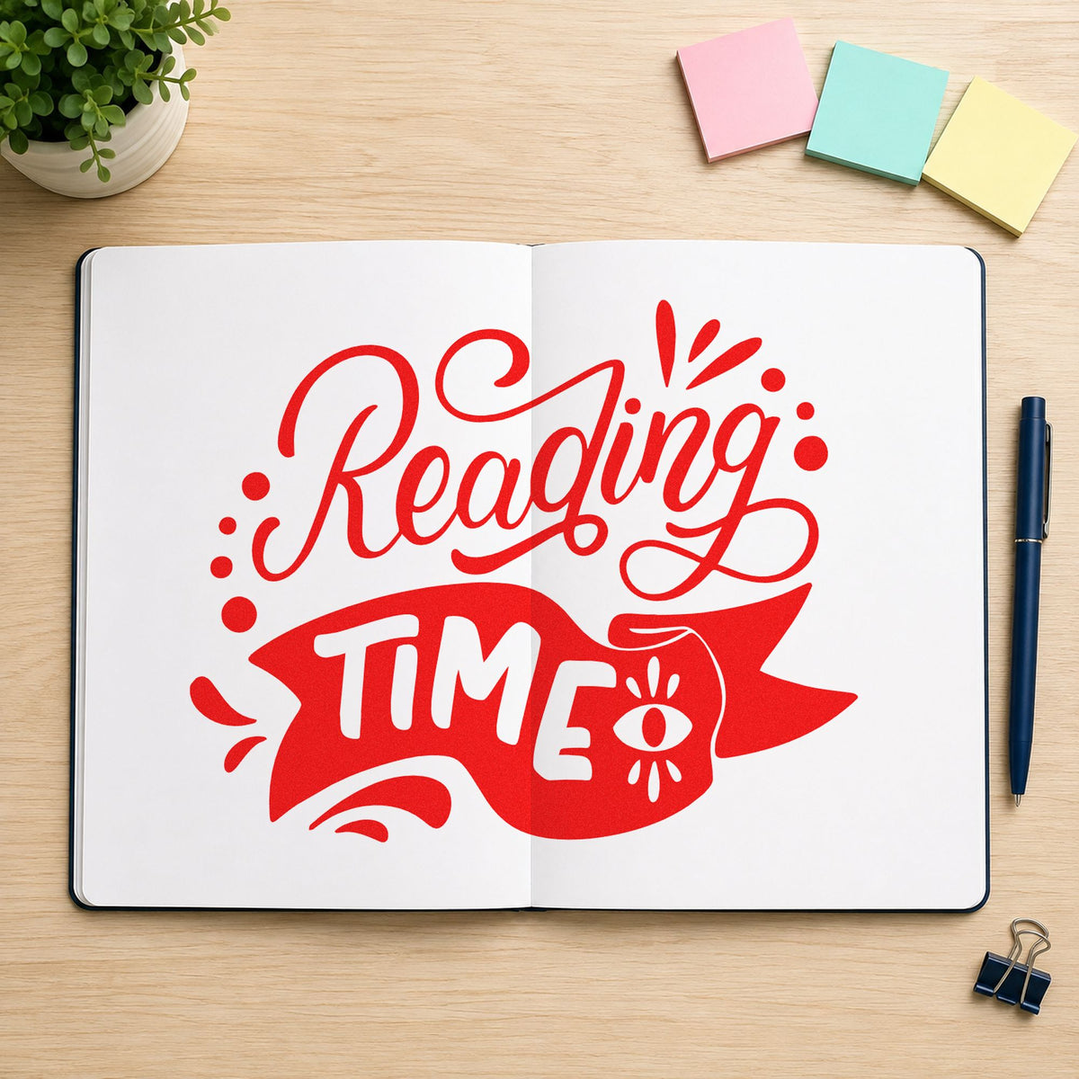 Reading Time Banner rubber stamp shown in red ink, stamped for projects such as quiet hour notes.