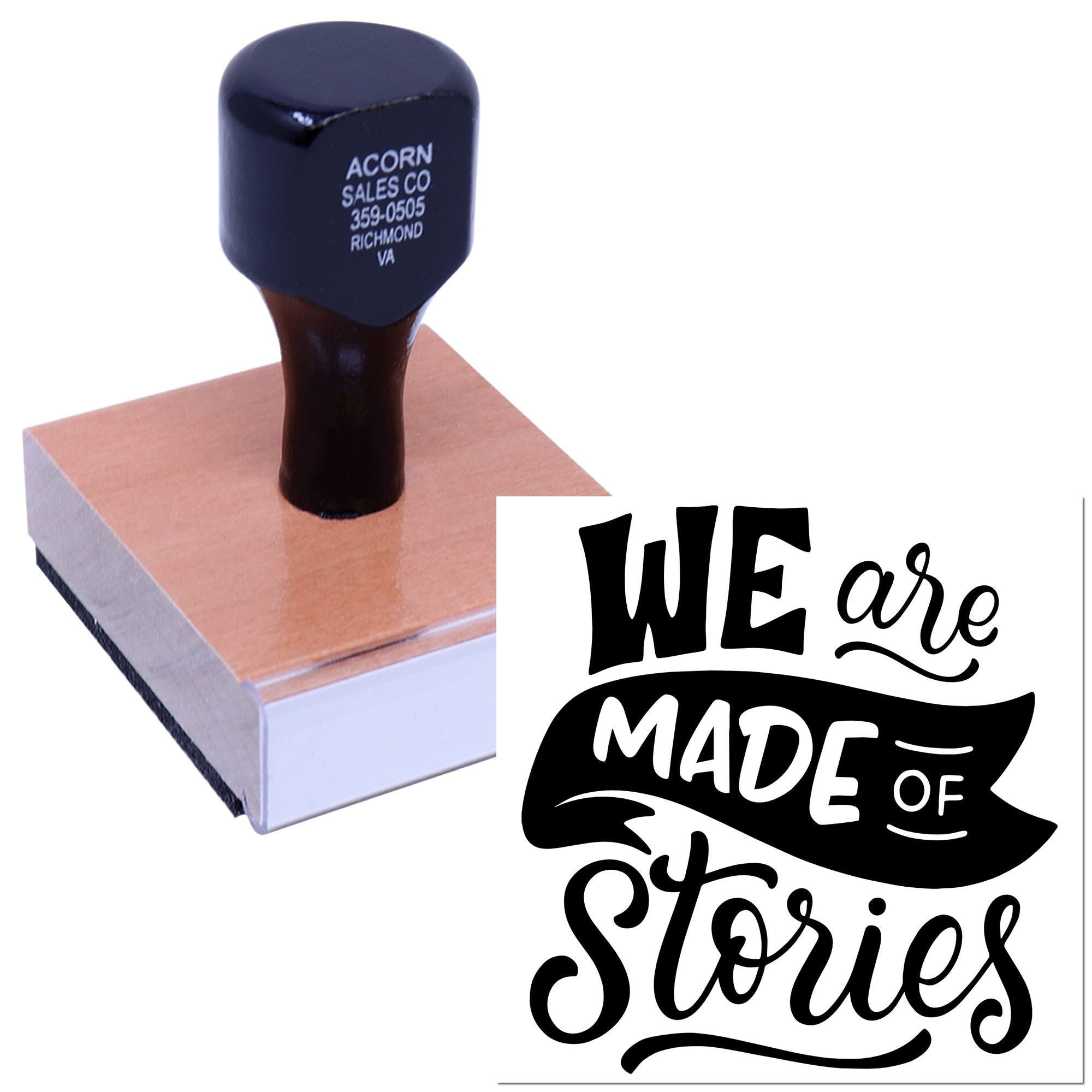 Custom rubber stamp with We are made of stories design for branding, invitations, and craft projects.