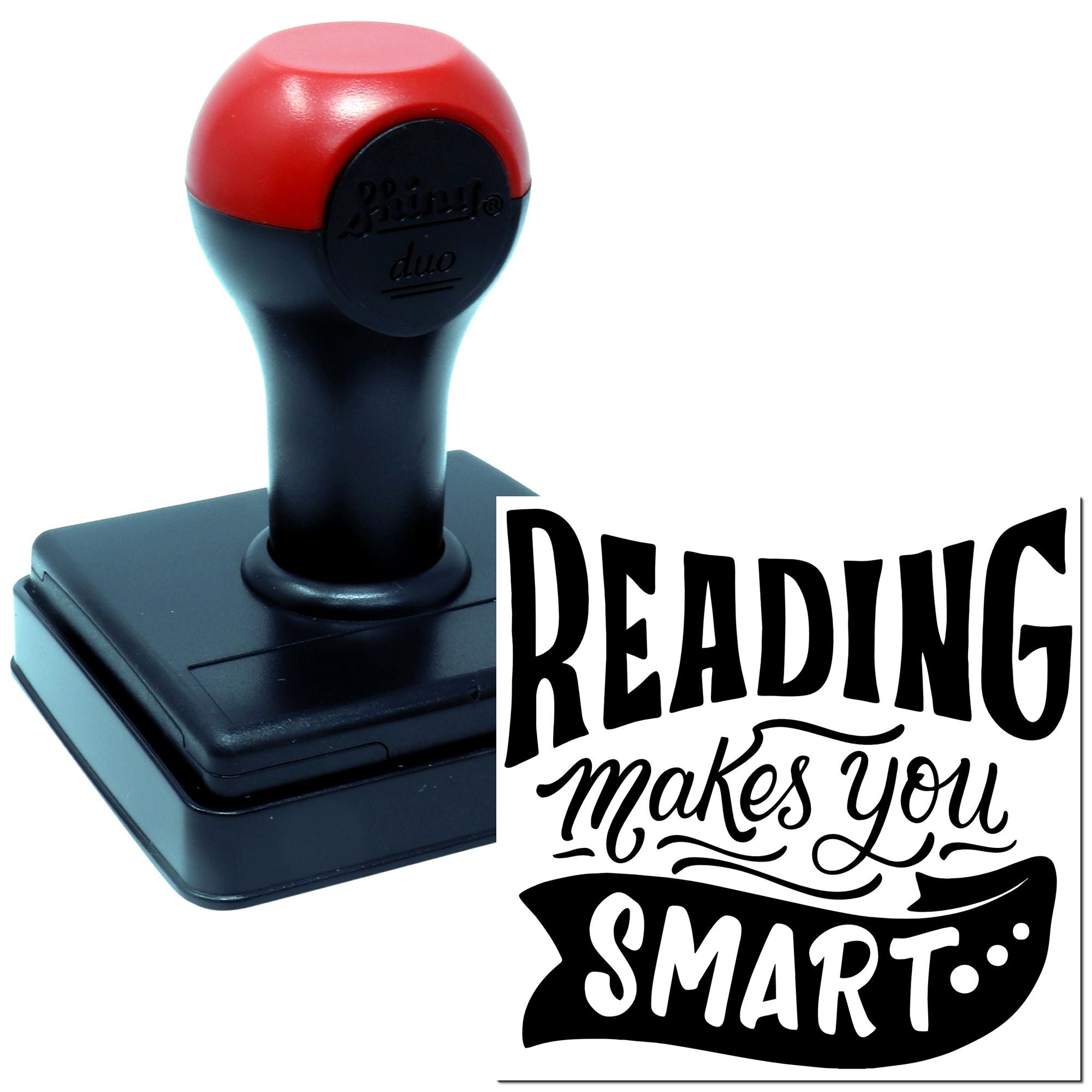 Self-inking rubber stamp with Reading Makes You Smart design, ideal for teacher rewards, classrooms, and literacy encouragement.