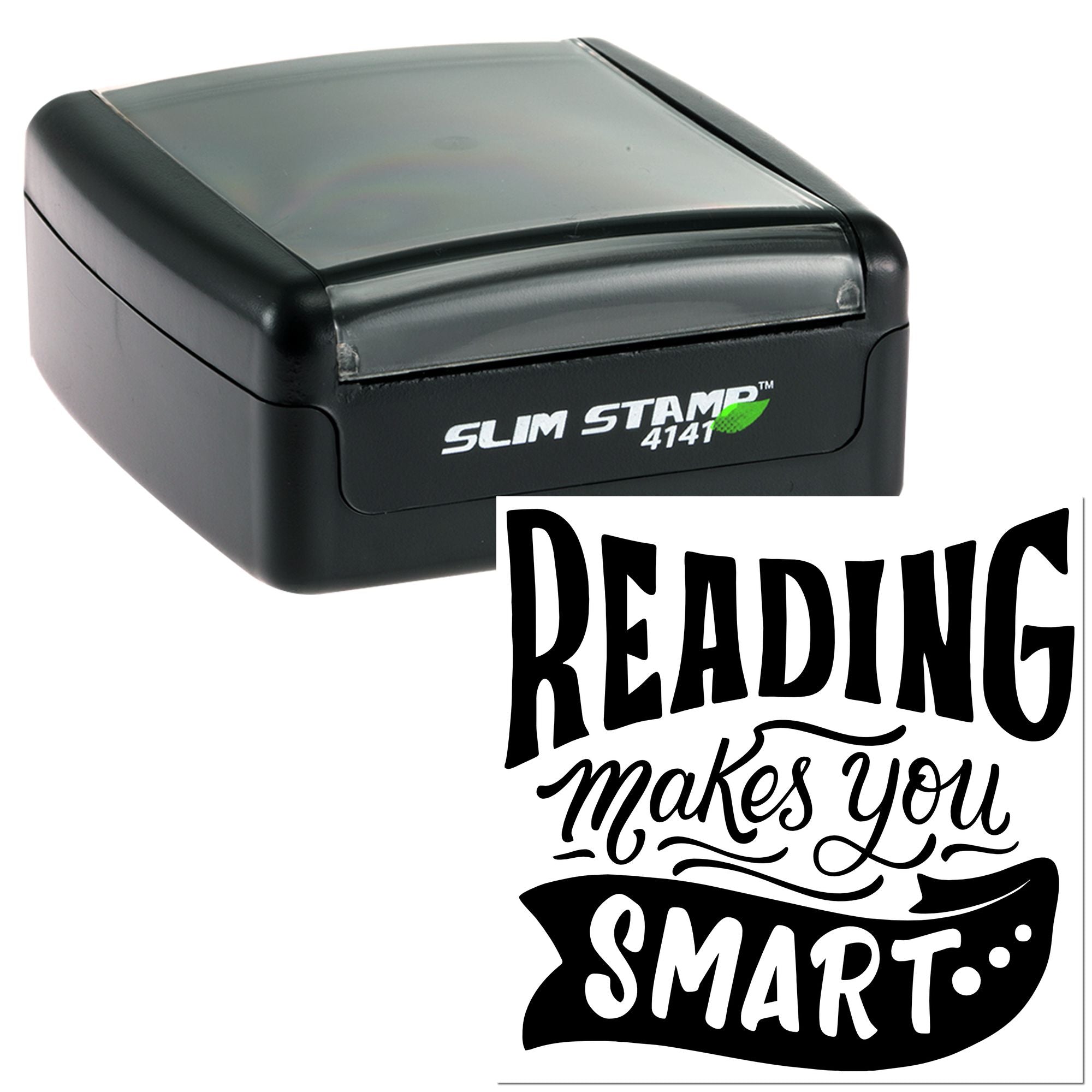 Self-inking rubber stamp with bold Reading makes you smart imprint for classroom, library, and teacher use.