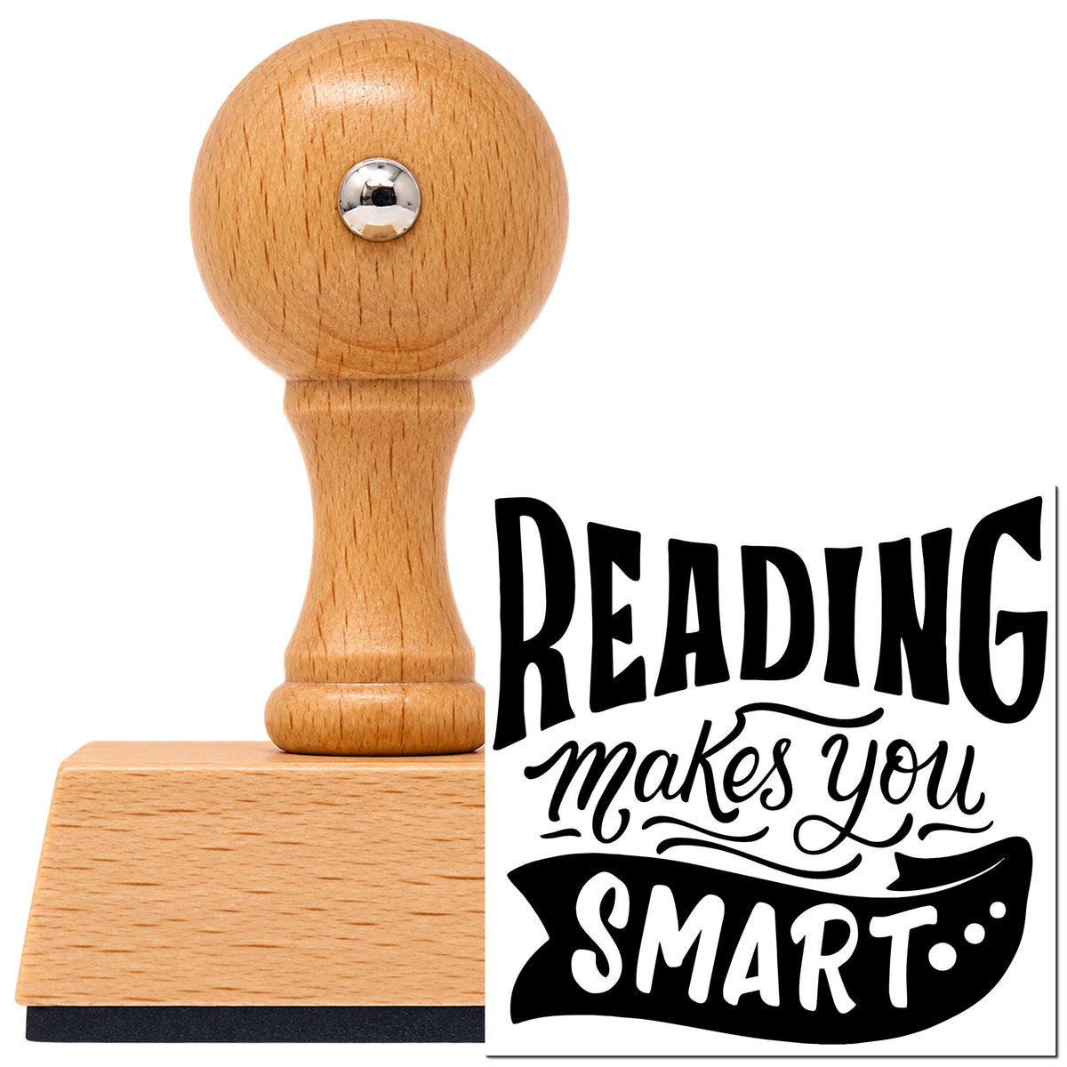 Reading Makes You Smart Ribbon Lettering Vintage Pro rubber stamp in European beech wood with a round knob handle, shown beside its black imprint.
