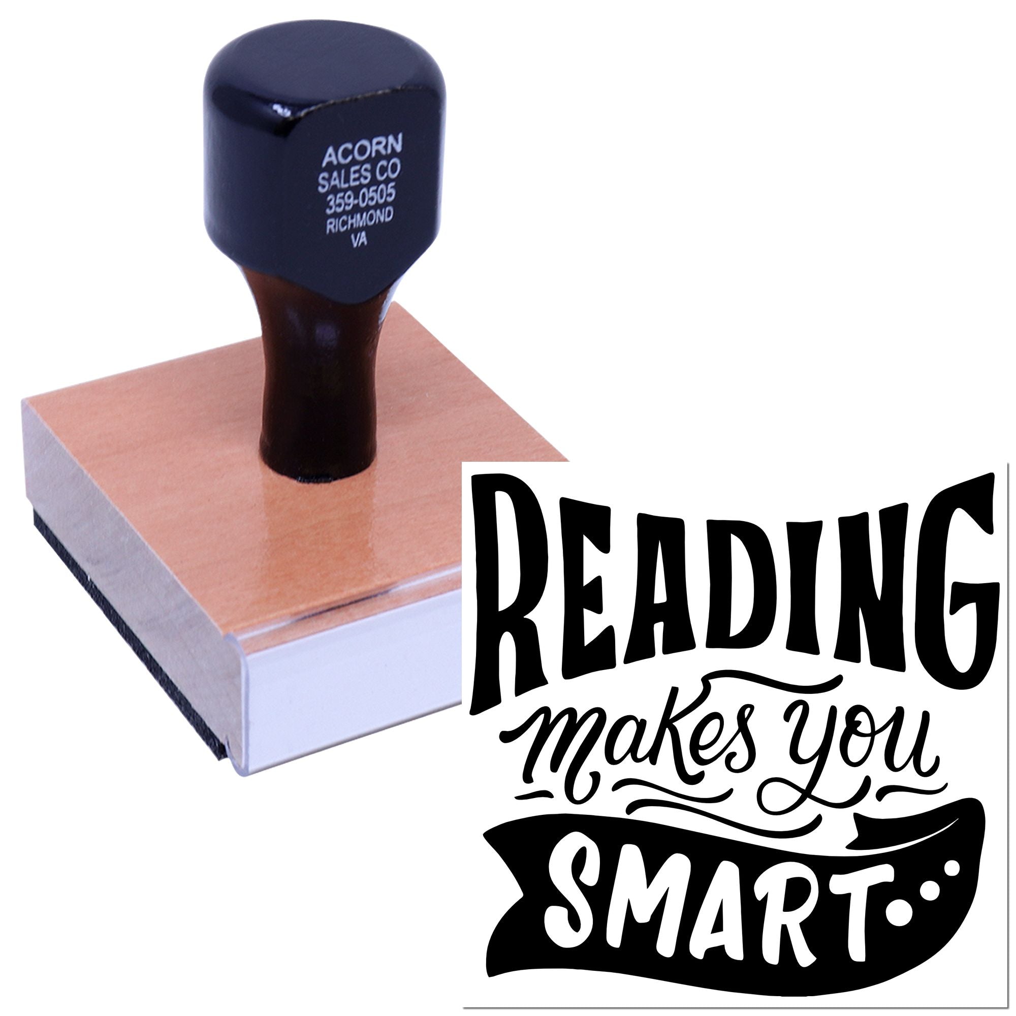 Custom rubber stamp with Reading Makes You Smart design for teacher, library, and literacy promotions.