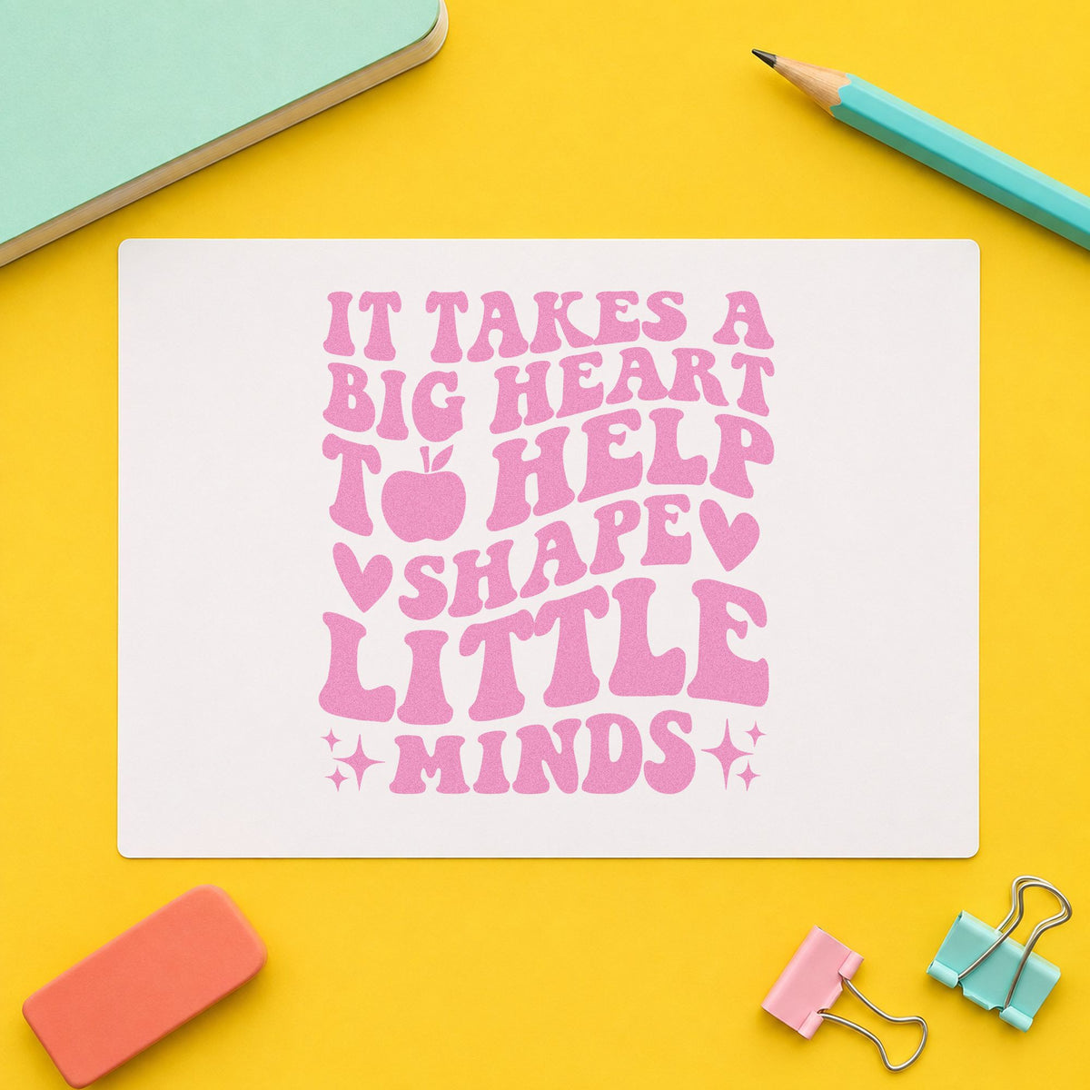Big Heart Shape Little Minds craft stamp in purple ink on cardstock, an easy option for support role tags.