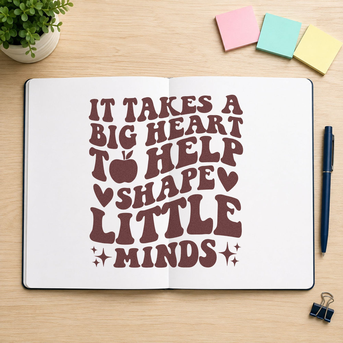 Big Heart Shape Little Minds rubber stamp printed in brown ink, ready for group tray labels and similar paper crafts.