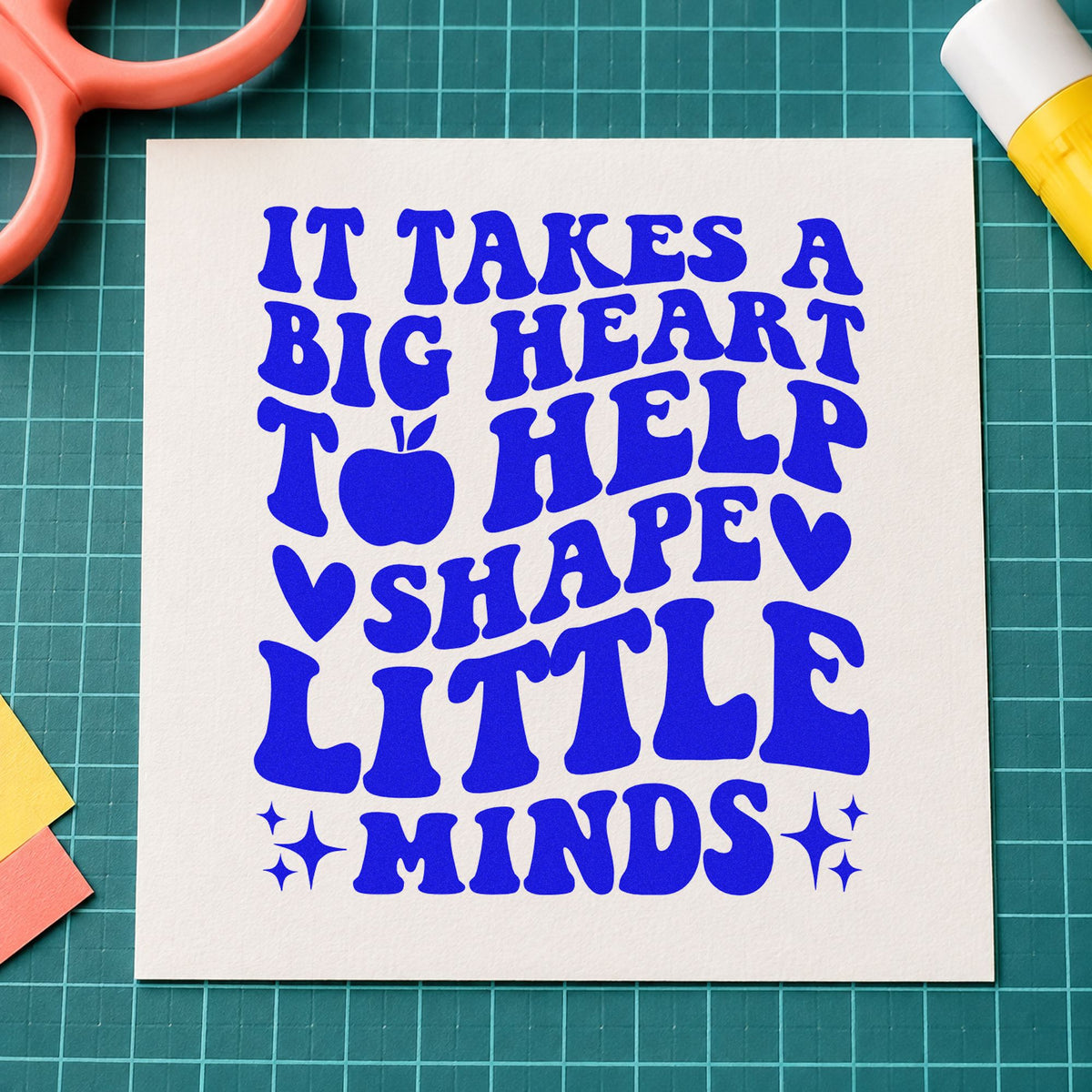 Big Heart Shape Little Minds craft stamp imprinted in blue ink on paper, a design suited to progress pack seals.