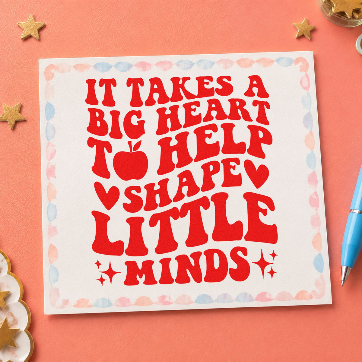 Big Heart Shape Little Minds rubber stamp shown in red ink, stamped for projects such as small group notes.