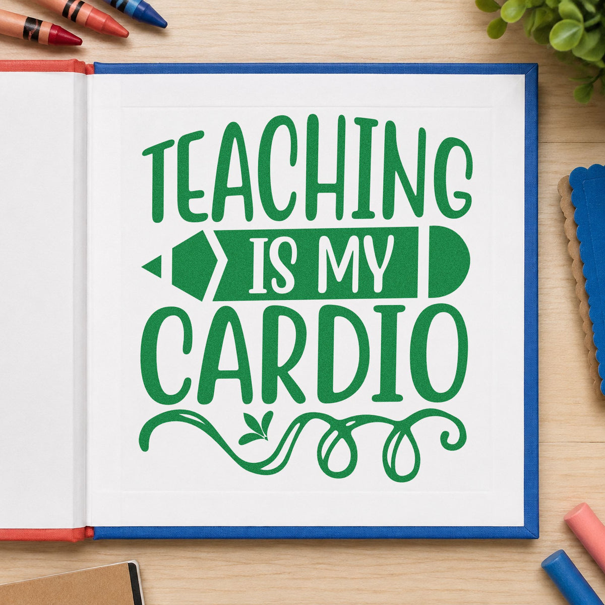 Teaching Cardio Pencil Banner Lettering Flourish Wood-Mounted Rubber Stamp in use 3