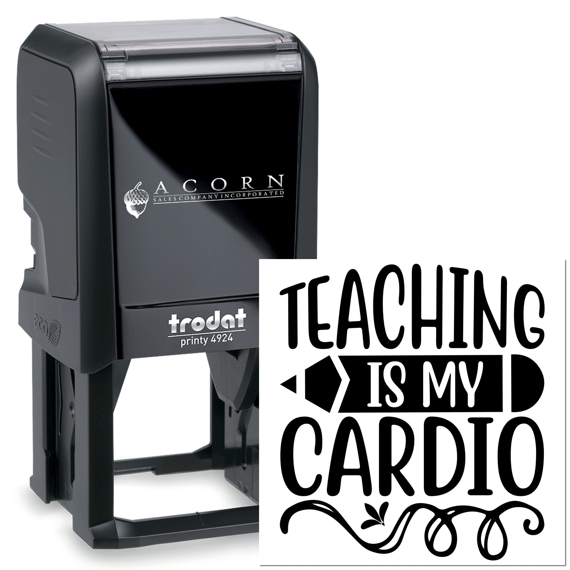 Custom Trodat self-inking rubber stamp with Teaching Is My Cardio design for teachers, classrooms, and planner use.