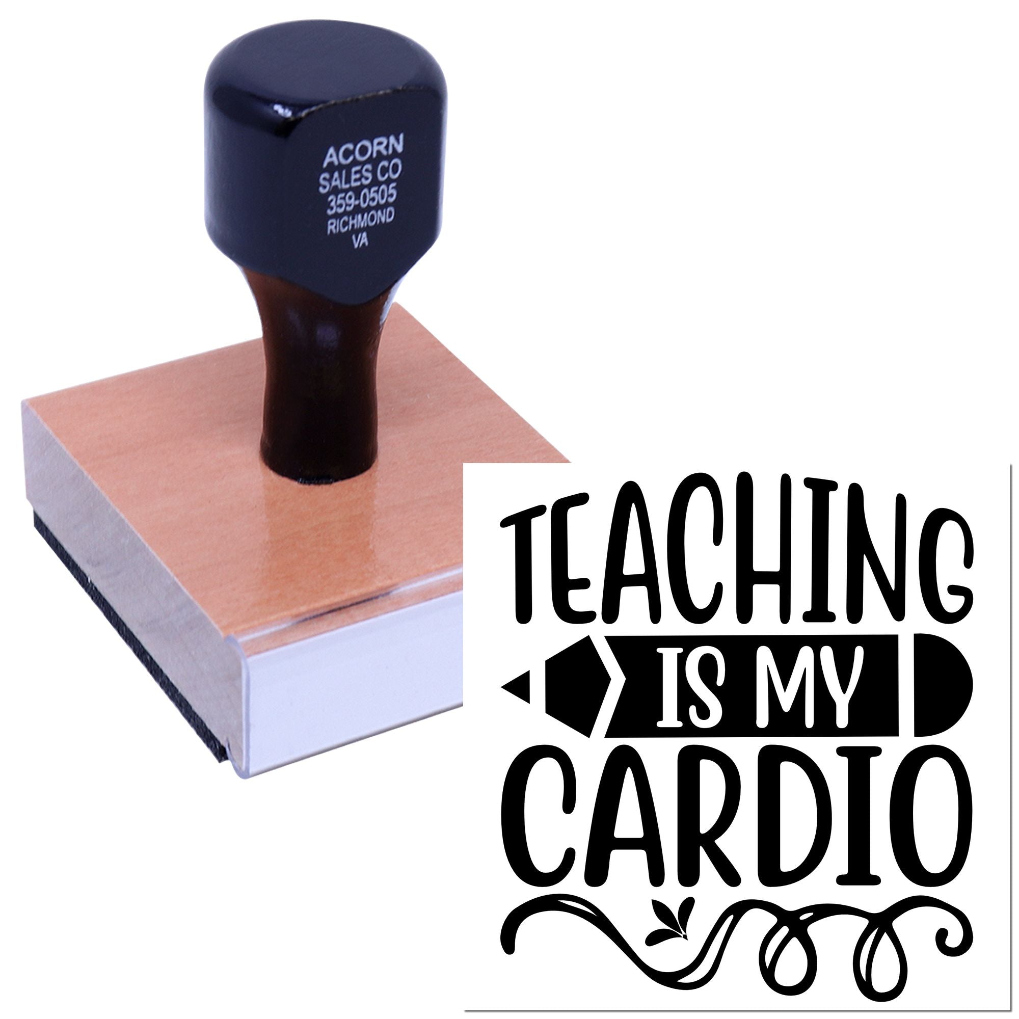 Custom teacher rubber stamp with Teaching Is My Cardio design for classroom crafts, planner marking, and educator gifts.