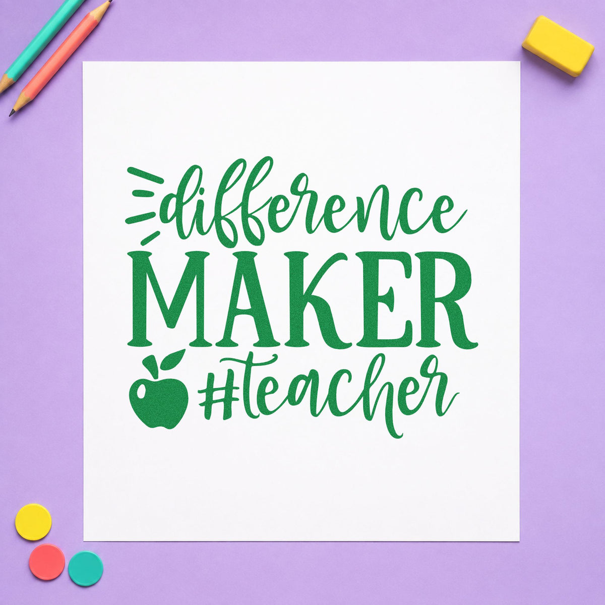 Difference Maker Teacher Apple craft stamp imprint in green ink on a handmade project, one idea being content plan pages.