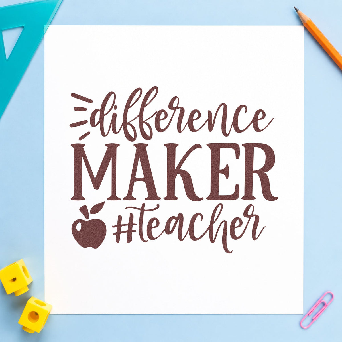 Difference Maker Teacher Apple rubber stamp printed in brown ink, ready for merch tub labels and similar paper crafts.