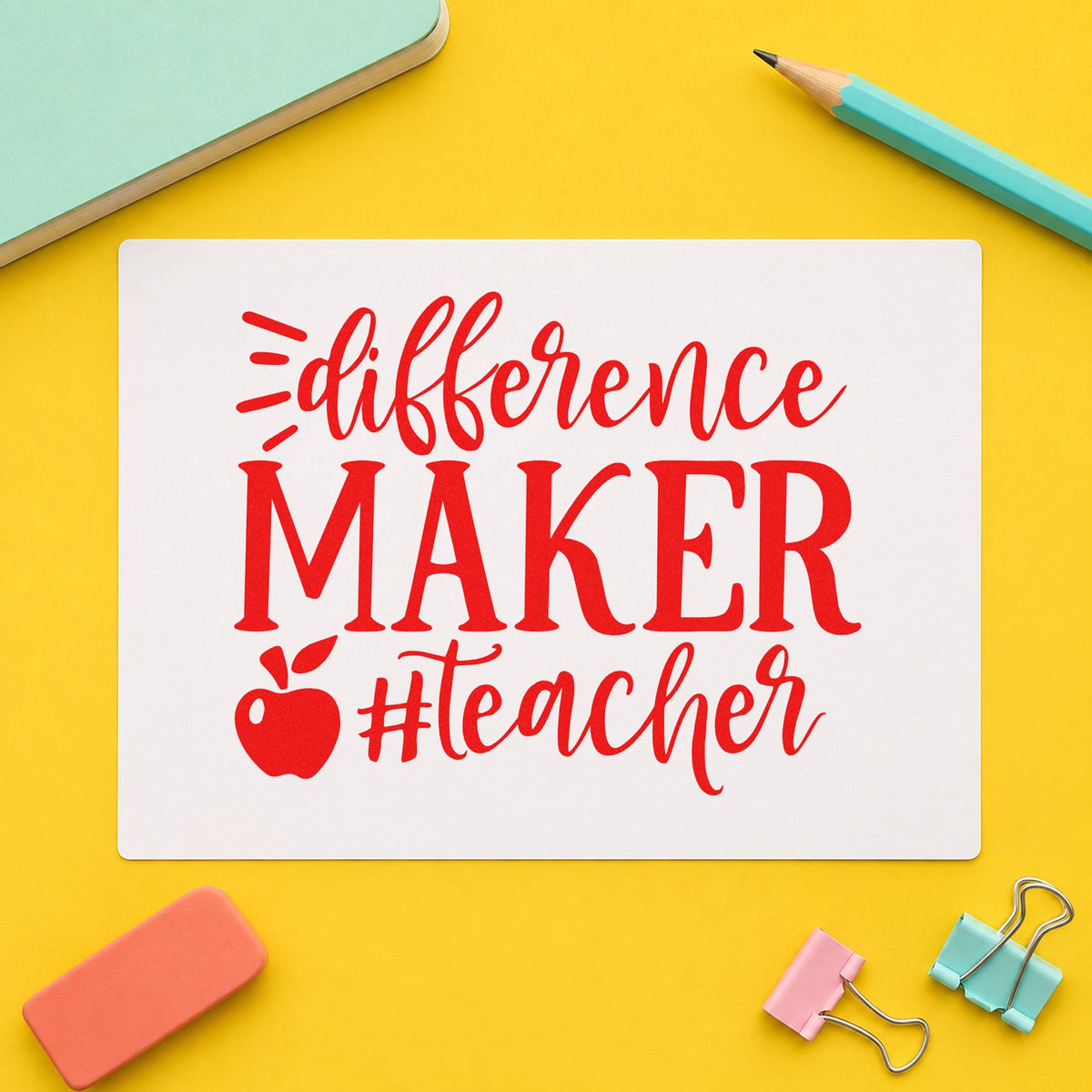 Difference Maker Teacher Apple rubber stamp shown in red ink, stamped for projects such as collab box notes.