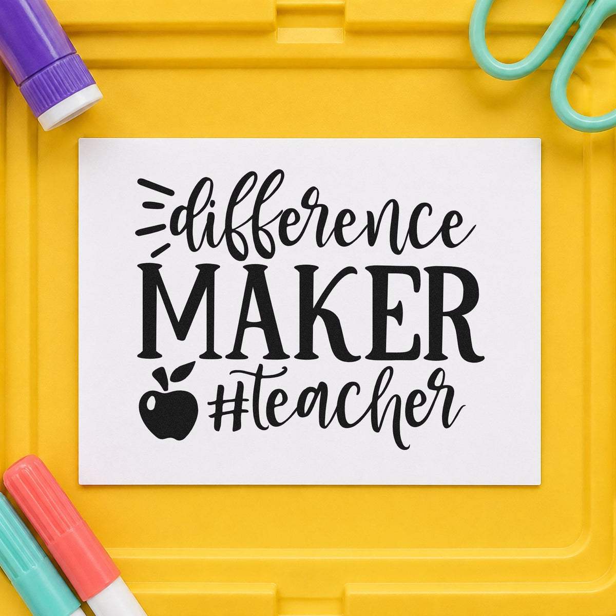 Difference Maker Teacher Apple rubber stamp printed in black ink, ready for accent rays cards and similar paper crafts.