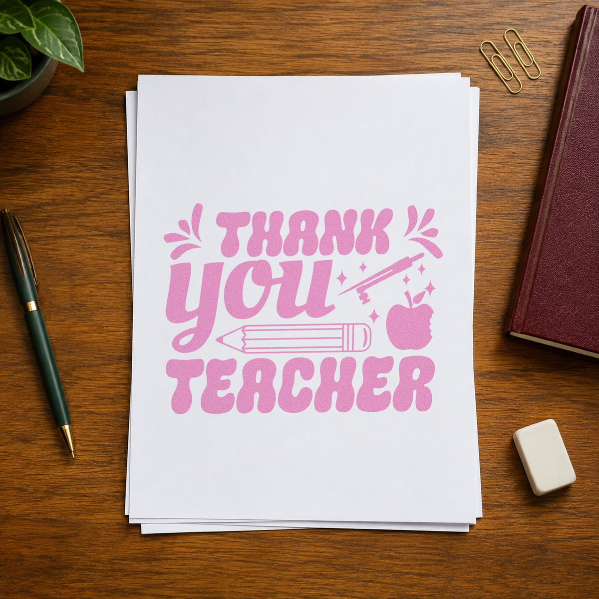 Thank You Teacher Pencil craft stamp in purple ink on cardstock, an easy option for parent group tags.