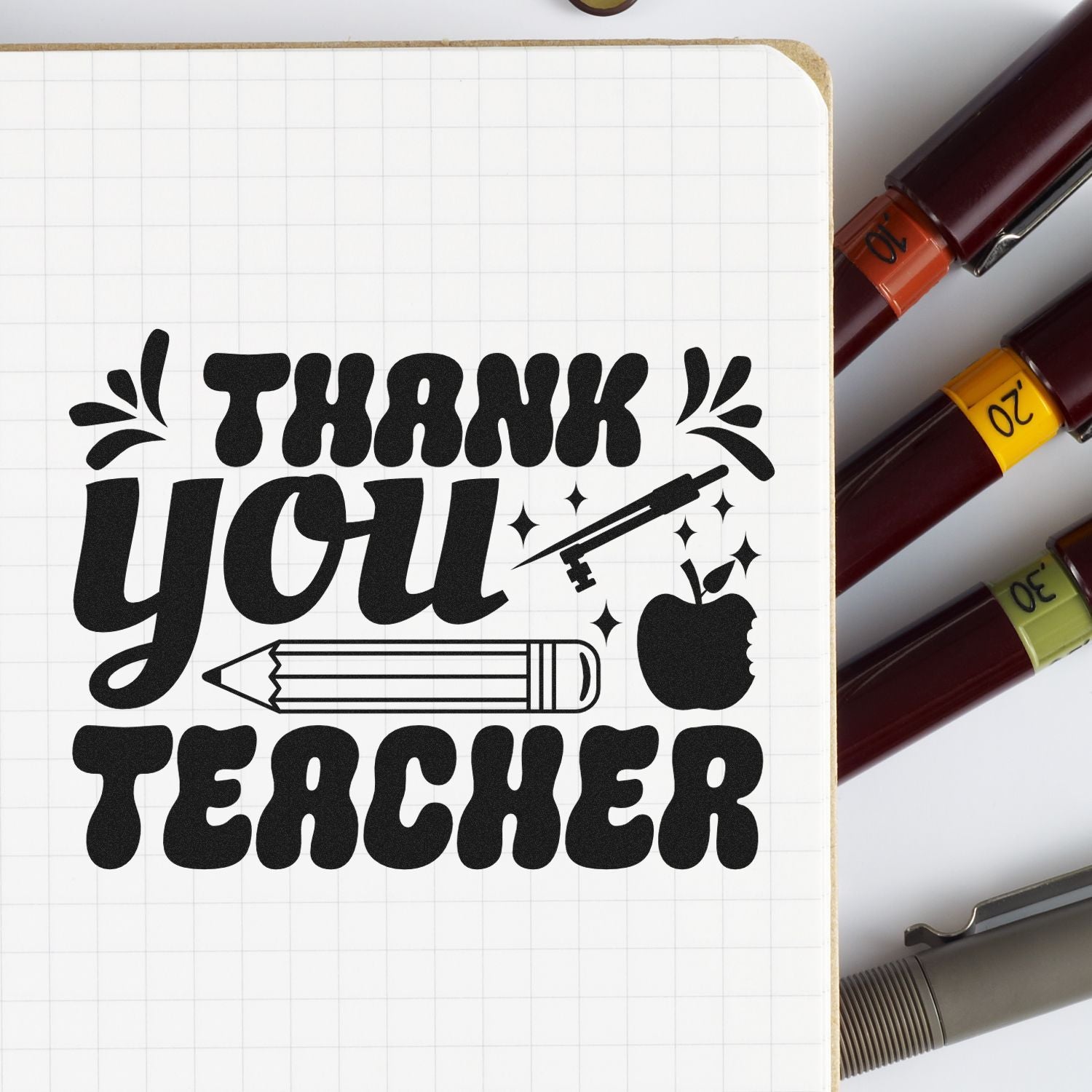 Thank you teacher rubber stamp design with school icons for classroom crafts, teacher appreciation cards, and gift tags.