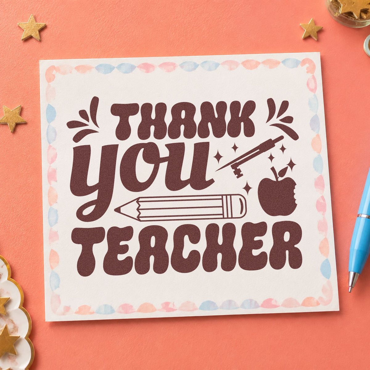 Thank You Teacher Pencil rubber stamp printed in brown ink, ready for gift crate labels and similar paper crafts.
