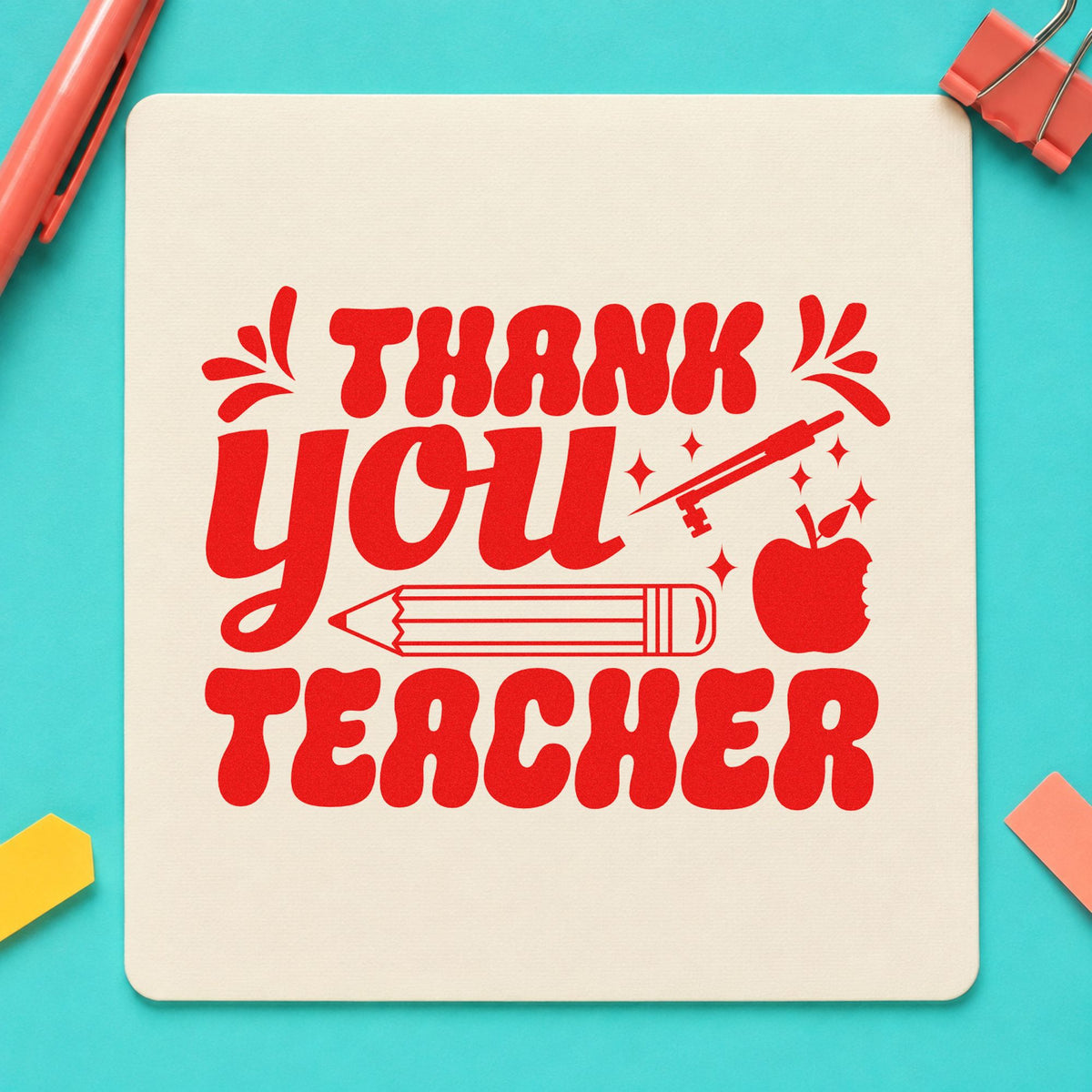 Thank You Teacher Pencil rubber stamp shown in red ink, stamped for projects such as end year notes.