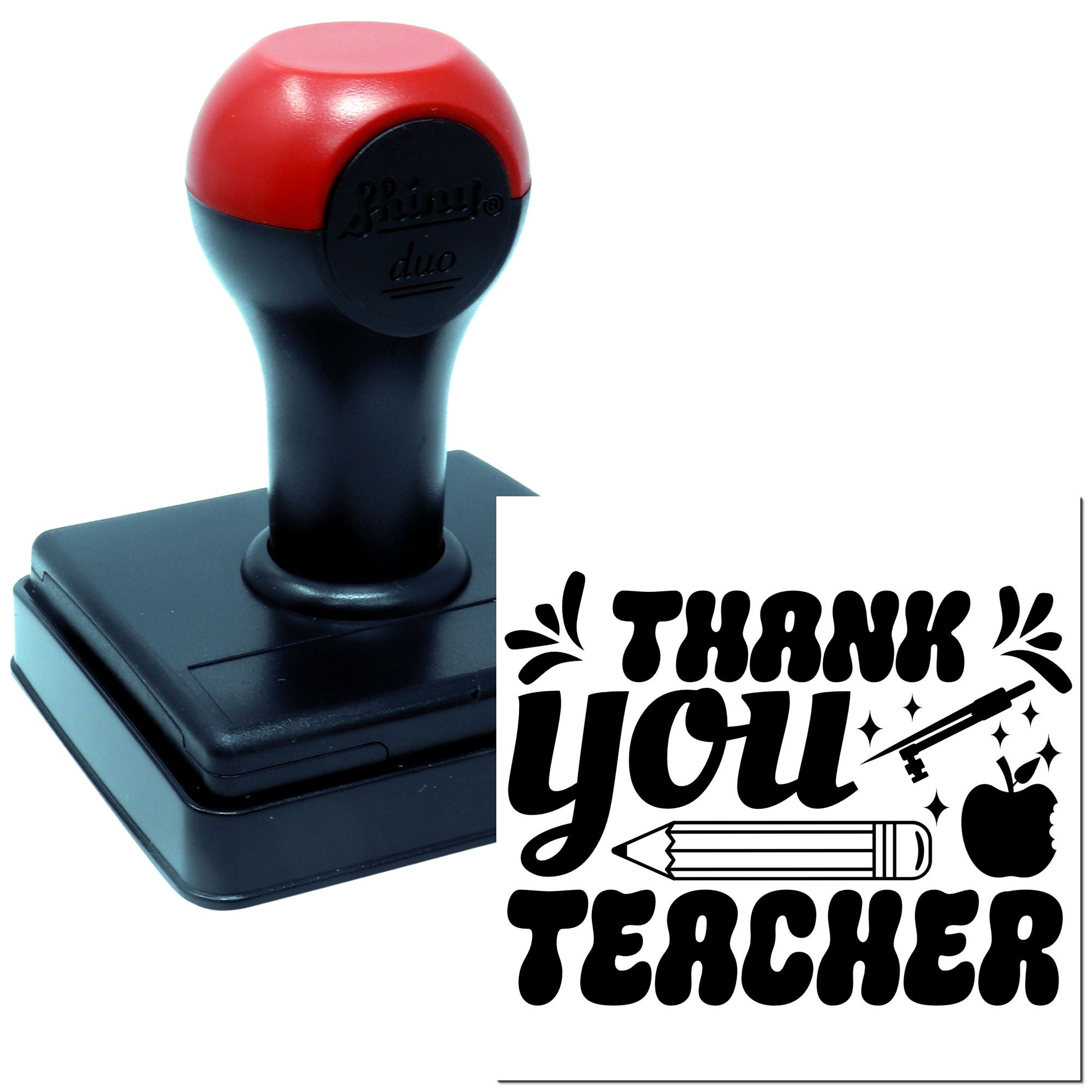 Self-inking teacher rubber stamp with Thank You Teacher design for classroom appreciation notes, gifts, and school rewards.