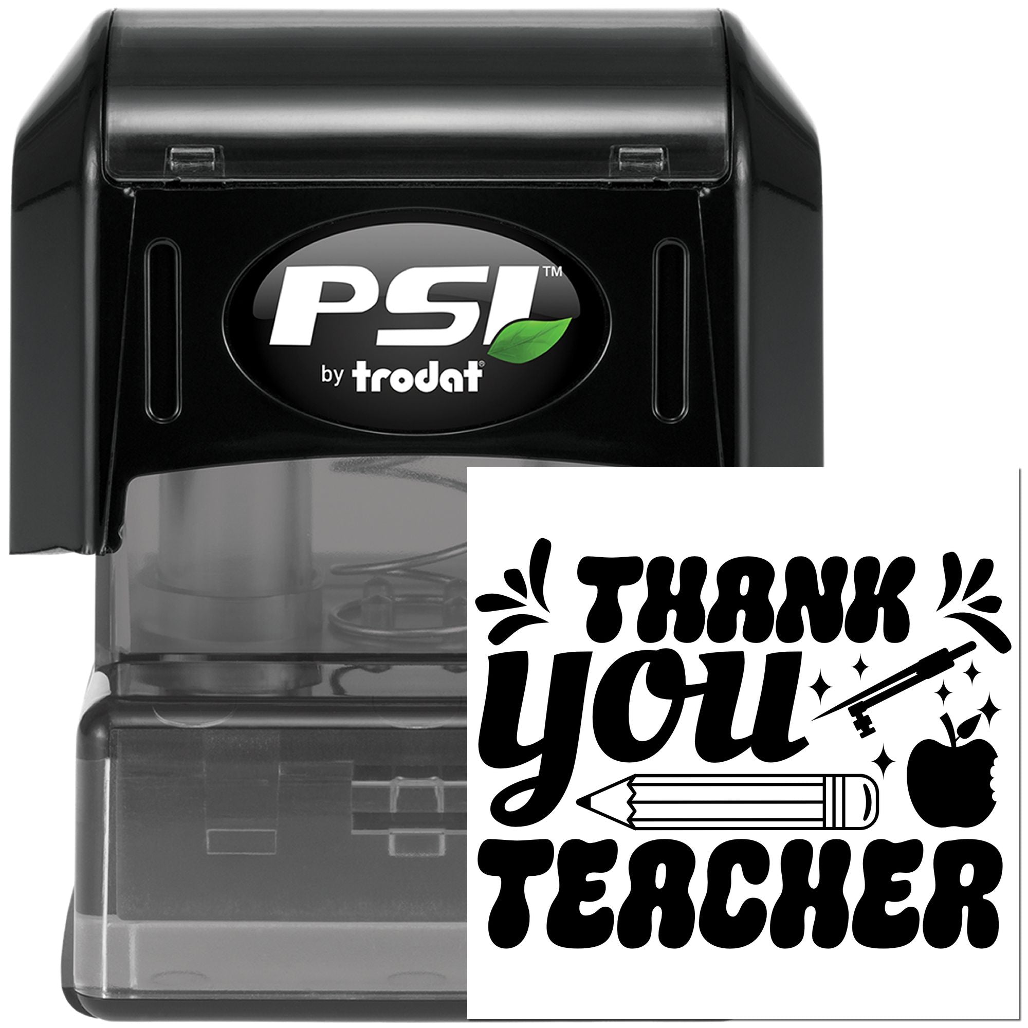 PSI by Trodat self-inking rubber stamp with Thank You Teacher design, perfect for teacher appreciation notes and classroom rewards.