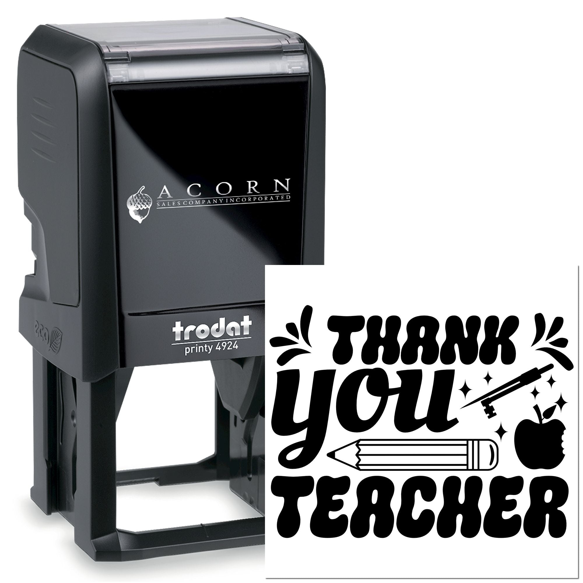 Custom self-inking rubber stamp with Thank You Teacher design, pencil, apple and school icons for classroom appreciation.