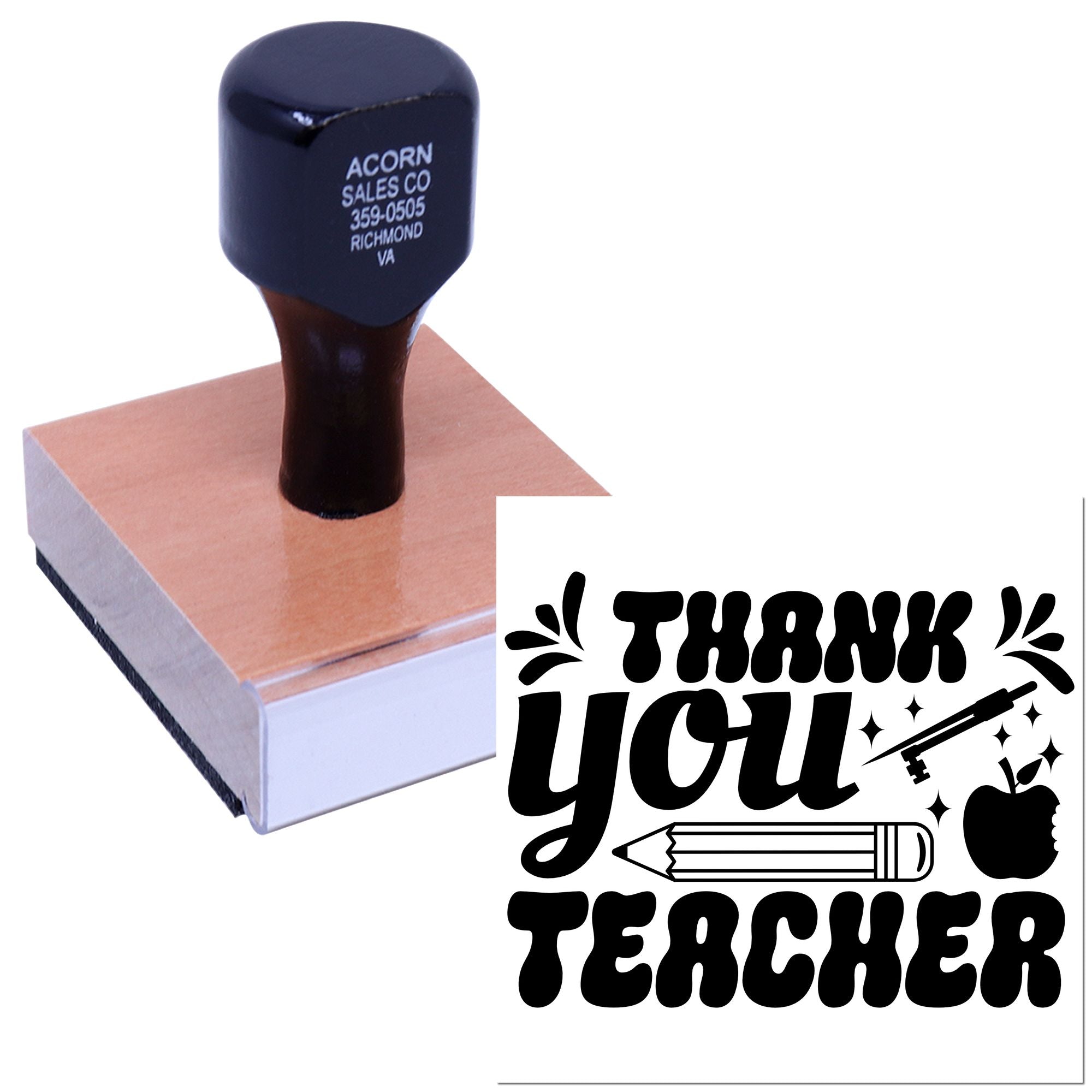 Custom rubber teacher stamp with Thank You Teacher design for classroom notes, scrapbooking, and school appreciation projects.