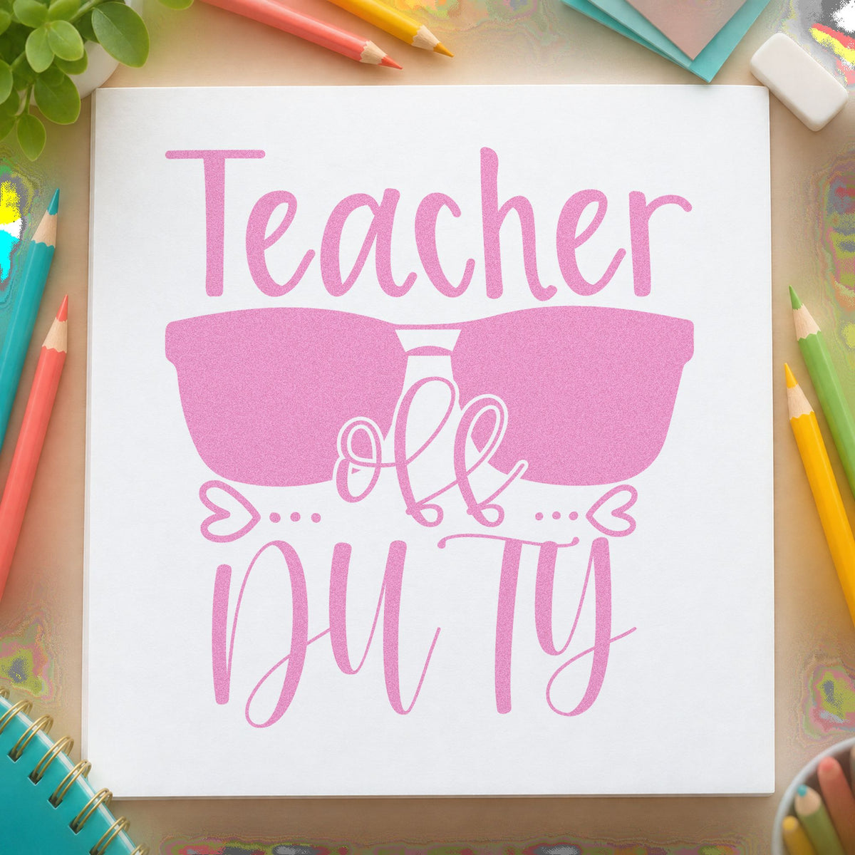 Teacher Off Duty Sunglasses craft stamp in purple ink on cardstock, an easy option for holiday kit tags.