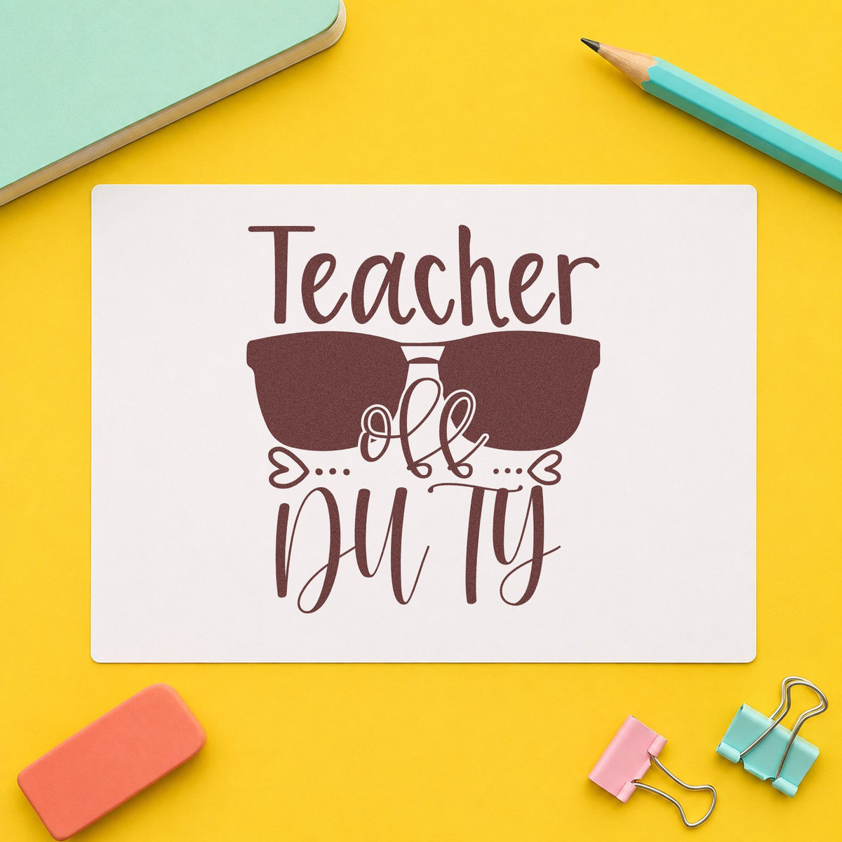 Teacher Off Duty Sunglasses rubber stamp printed in brown ink, ready for suncream tube labels and similar paper crafts.