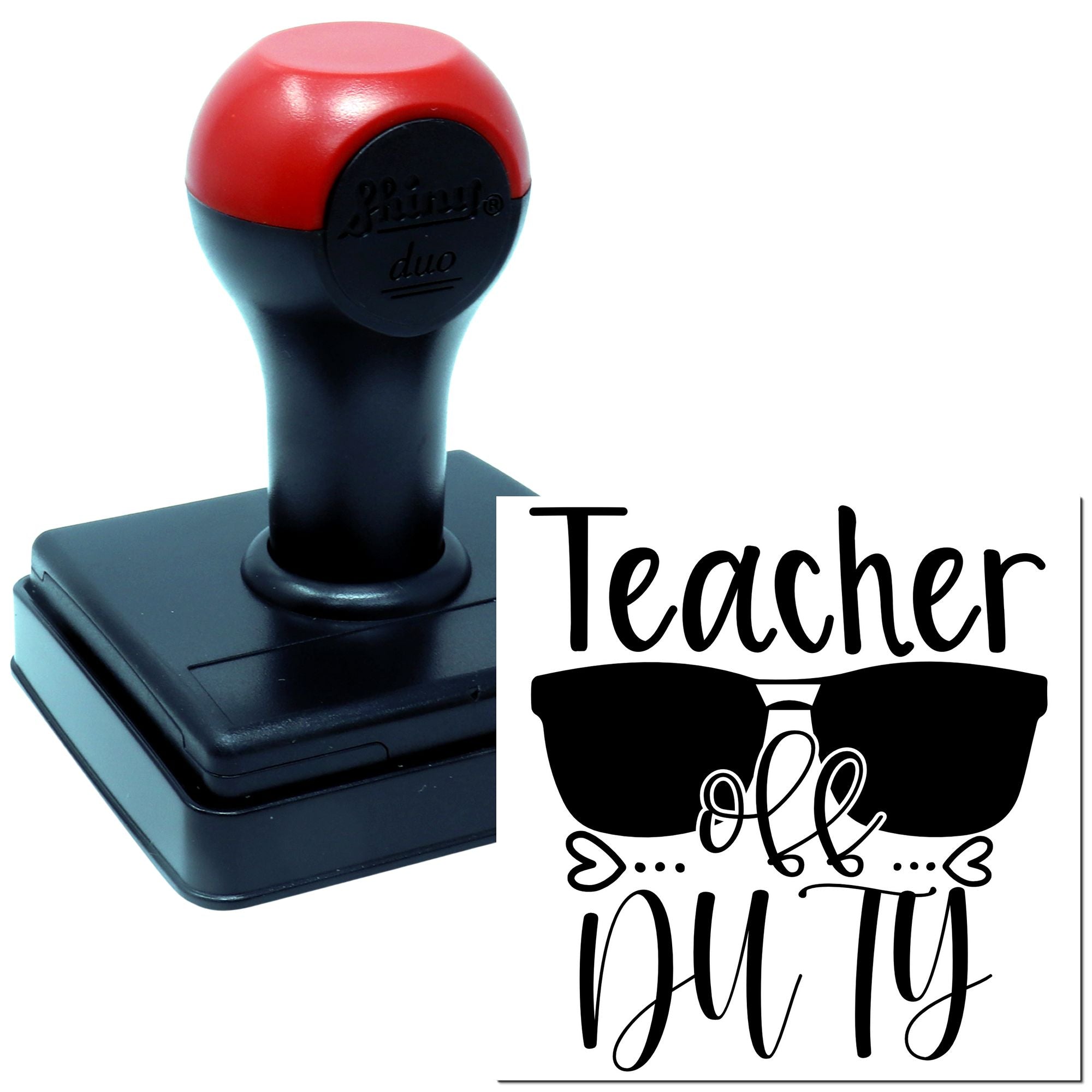 Teacher Off Duty rubber stamp with sunglasses design, ideal for classroom use, teacher gifts, and appreciation crafts.