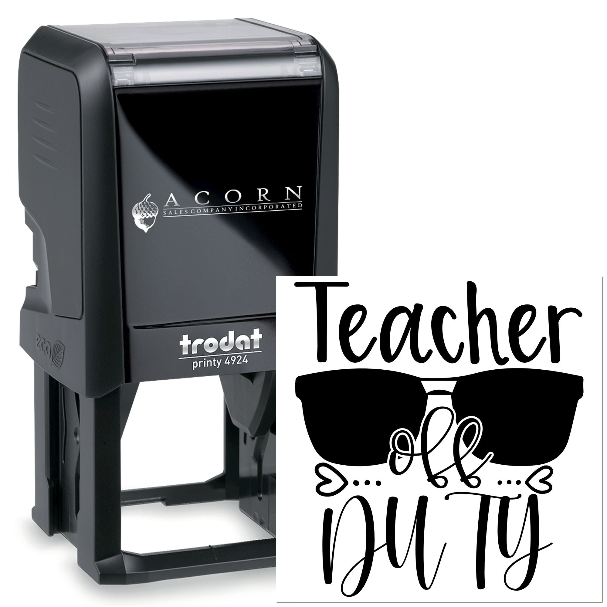 Teacher Off Duty self-inking rubber stamp, Trodat Printy 4924 custom stamp with glasses design for educators.