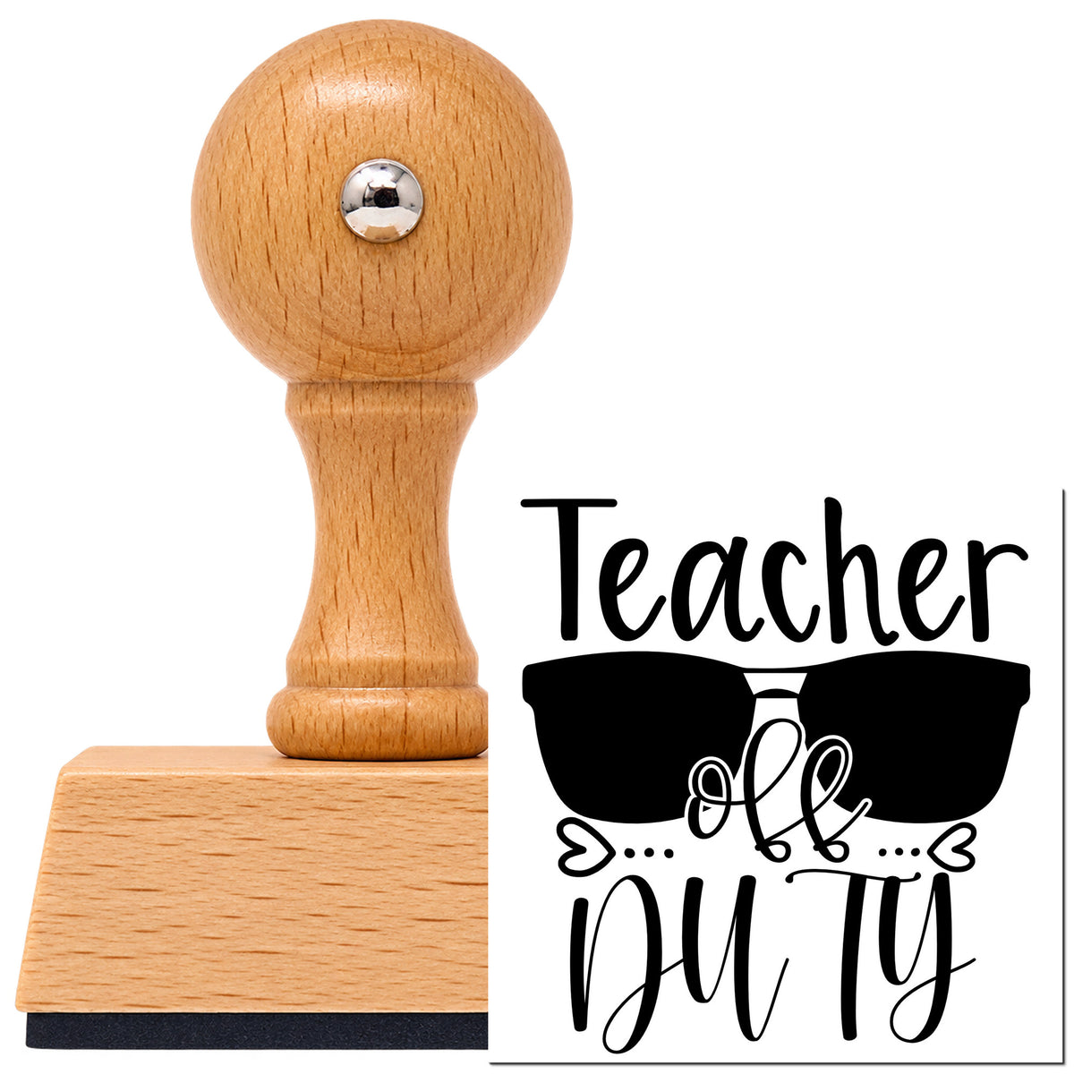 Teacher Off Duty Sunglasses With Hearts Vintage Pro rubber stamp in European beech wood with a round knob handle, shown beside its black imprint.