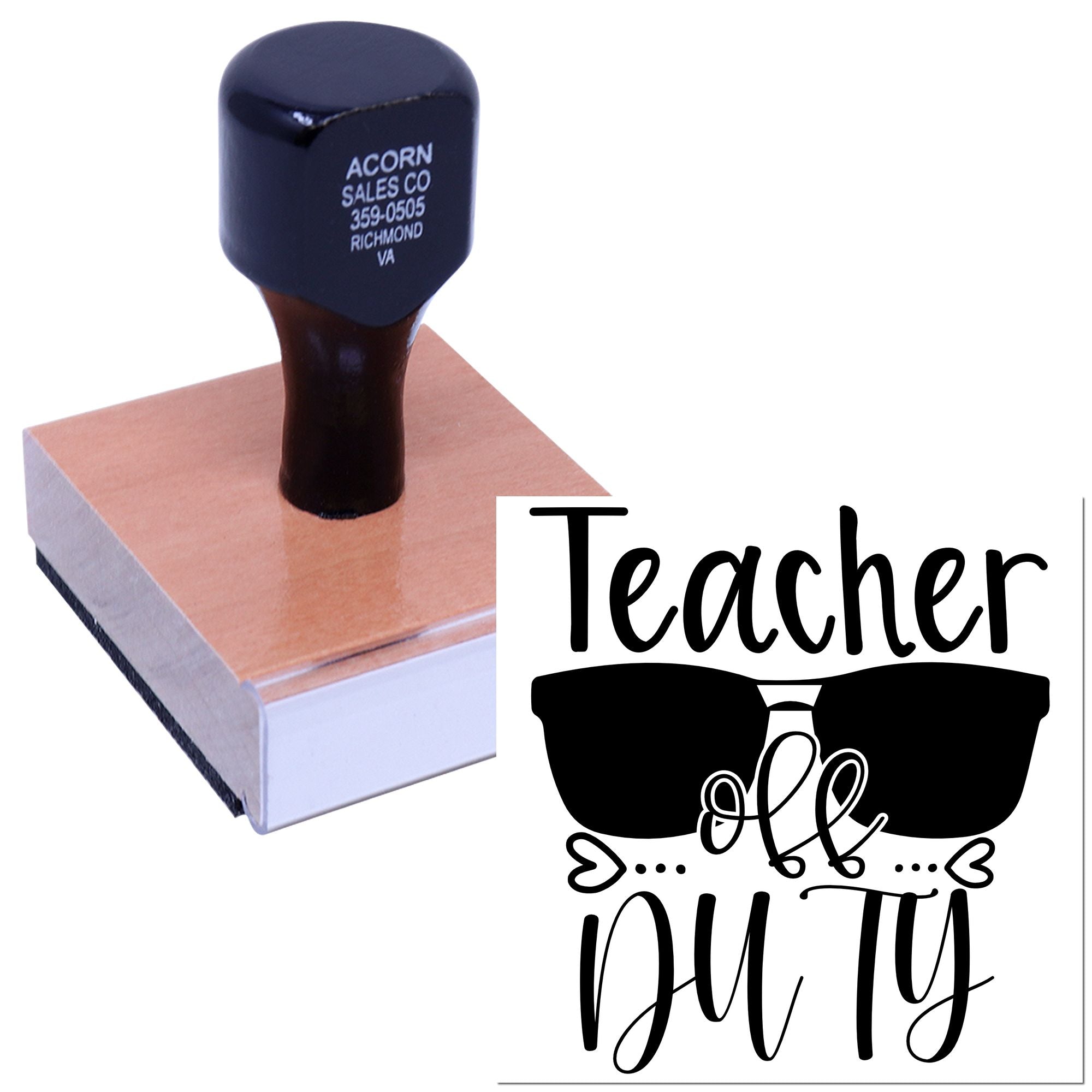 Teacher off duty custom rubber stamp with handle, featuring a fun classroom design for educators and school use.
