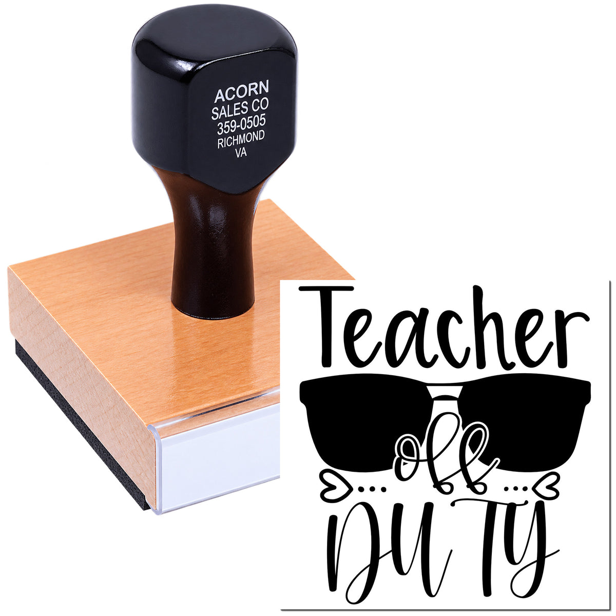 Teacher off duty custom rubber stamp with handle, featuring a fun classroom design for educators and school use.