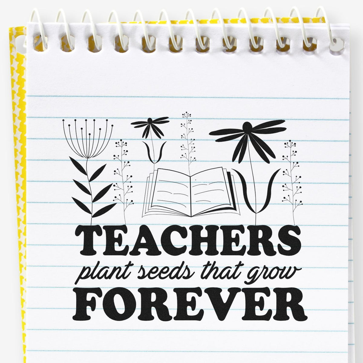 Vintage Pro Teachers Plant Seeds Forever Book Premium Wooden Stamp imprint stamped in black ink. "Teachers Plant Seeds That Grow Forever" appears beneath an open book and tall flowers.