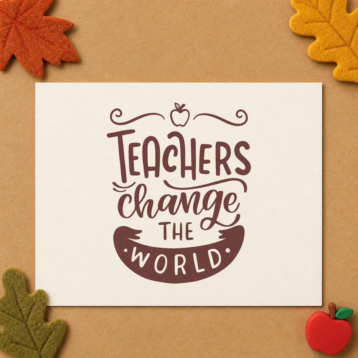 Teachers Change The World Apple rubber stamp printed in brown ink, ready for placard back labels and similar paper crafts.