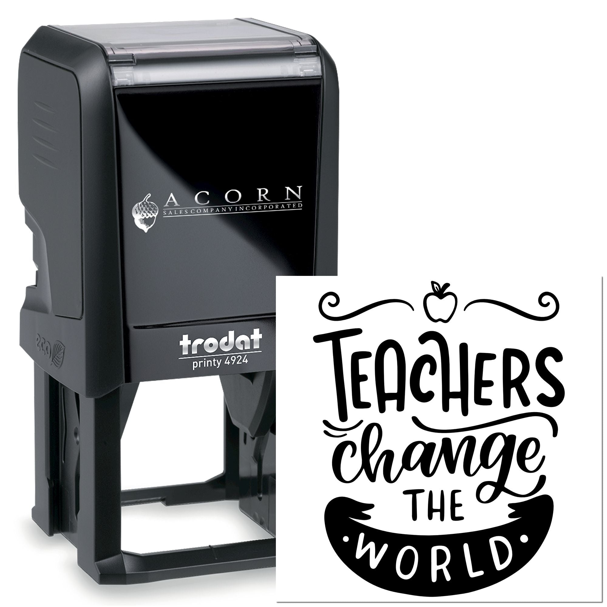 Teachers Change the World custom self-inking rubber stamp on Trodat Printy 4924, ideal for classroom use and teachers.