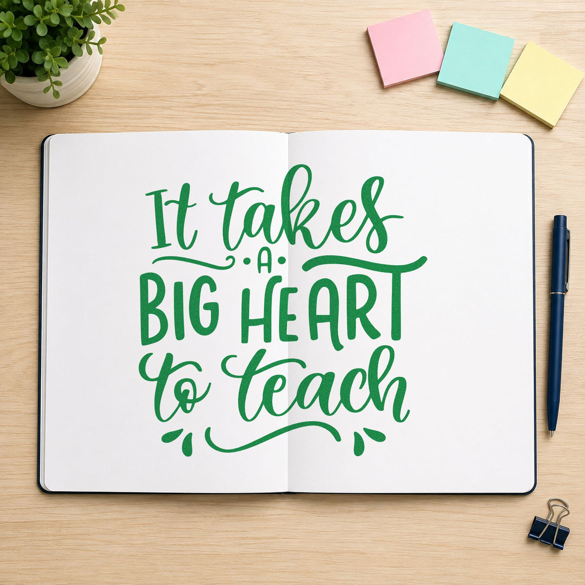Big Heart To Teach craft stamp imprint in green ink on a handmade project, one idea being citation read pages.