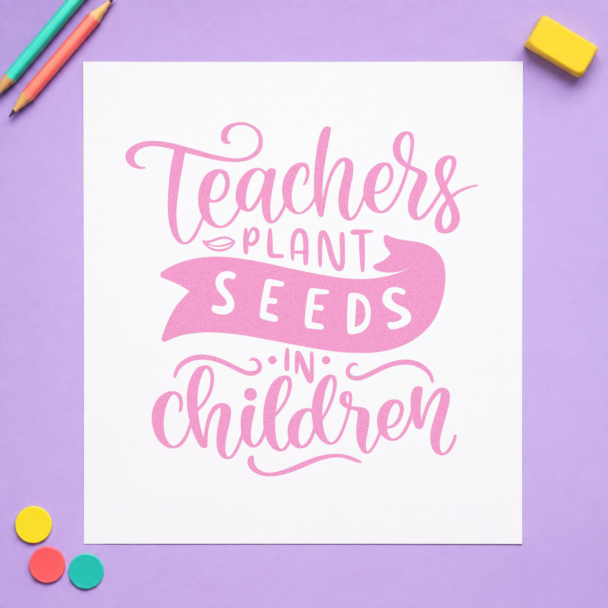 Teachers Plant Seeds In Children craft stamp in purple ink on cardstock, an easy option for growing pack tags.