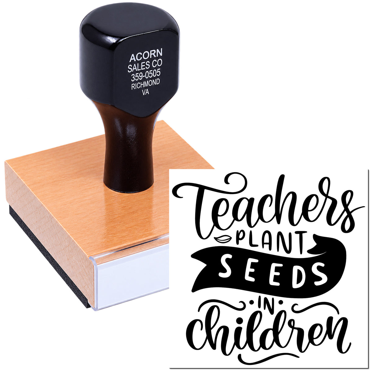 Teacher rubber stamp imprint with Teachers plant seeds in children design and wood-mounted stamp tool