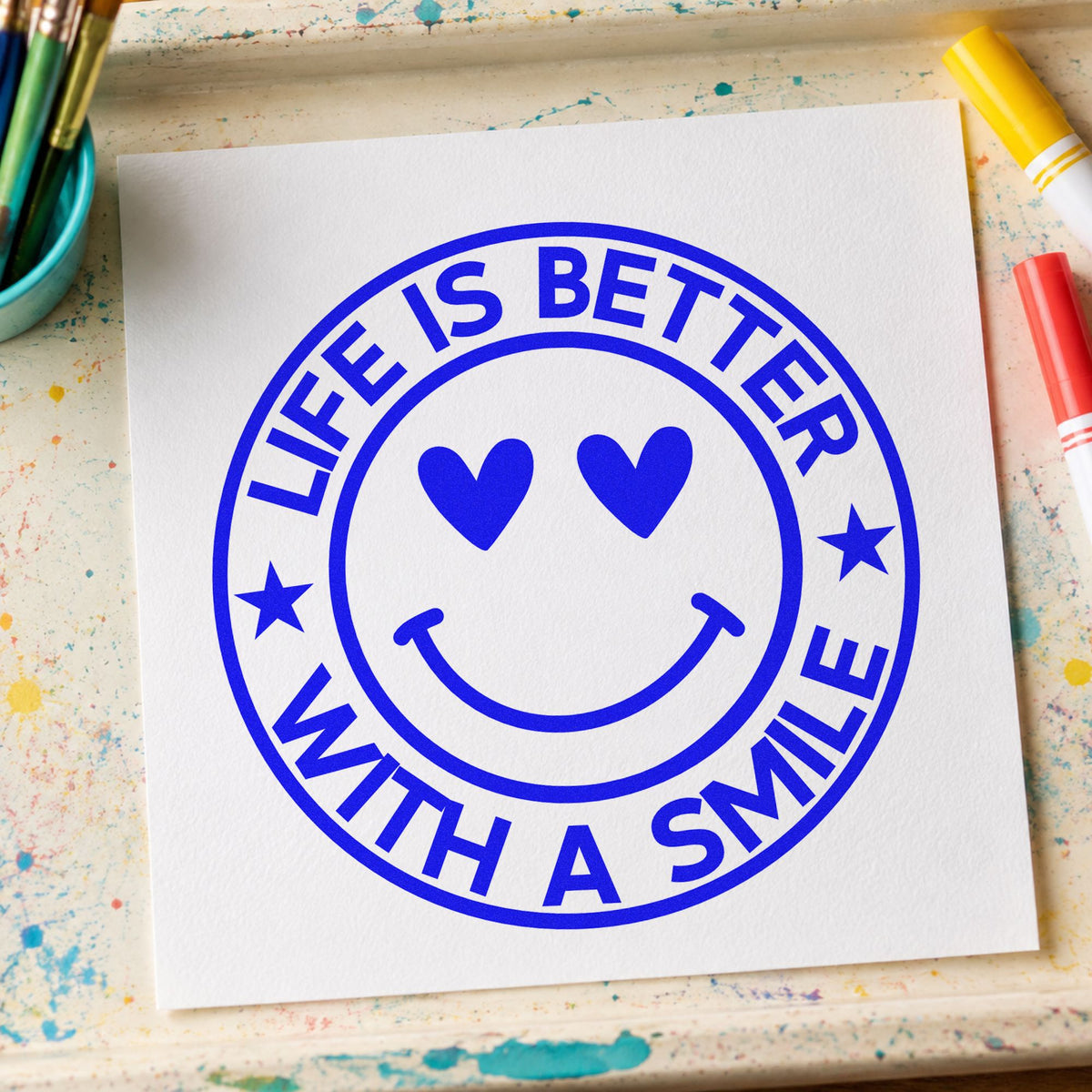 Life Better Smile Round Badge craft stamp in blue ink on cardstock, an easy option for round cushion panels.