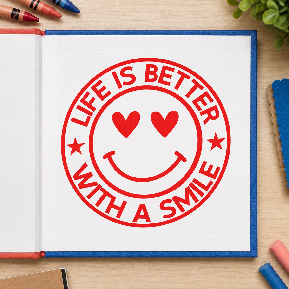 Life Better Smile Round Badge rubber stamp shown in red ink, stamped for projects such as wellbeing day notes.