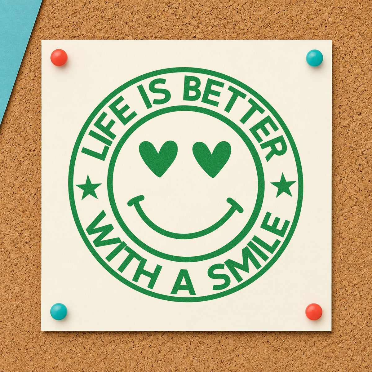 Life Better Smile Round Badge craft stamp imprint in green ink on a handmade project, one idea being framed entrance smile.