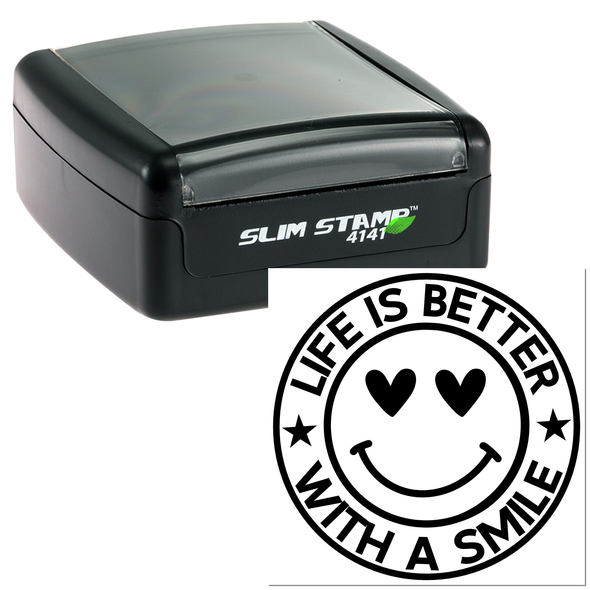 Self-inking rubber stamp with Life Is Better With a Smile design, perfect for custom crafting, notes, and business use.