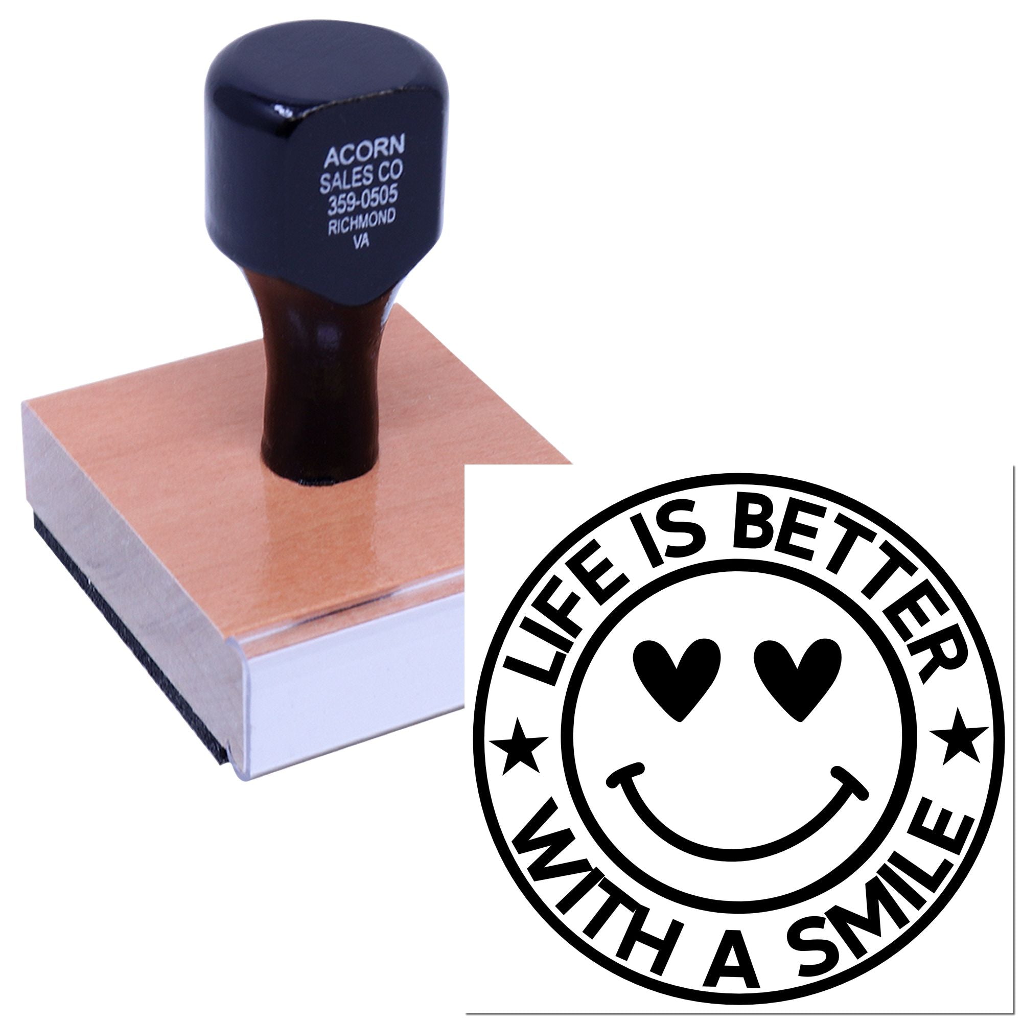 Custom rubber stamp with Life Is Better With a Smile smiley design for cheerful branding, packaging, or crafting.