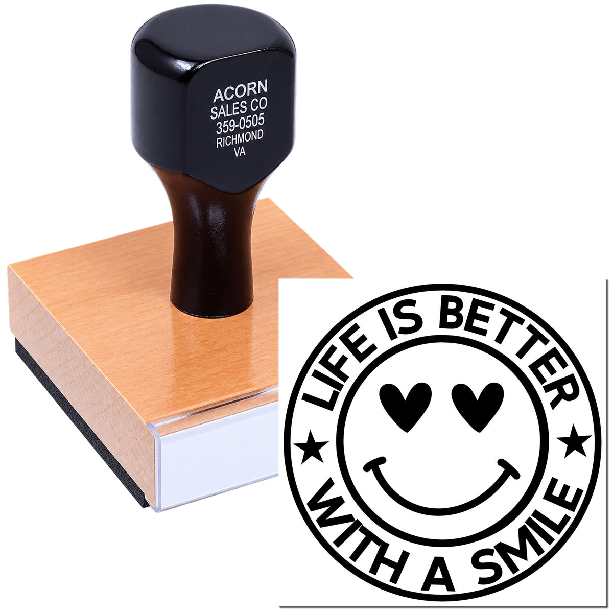 Custom rubber stamp with Life Is Better With a Smile smiley design for cheerful branding, packaging, or crafting.